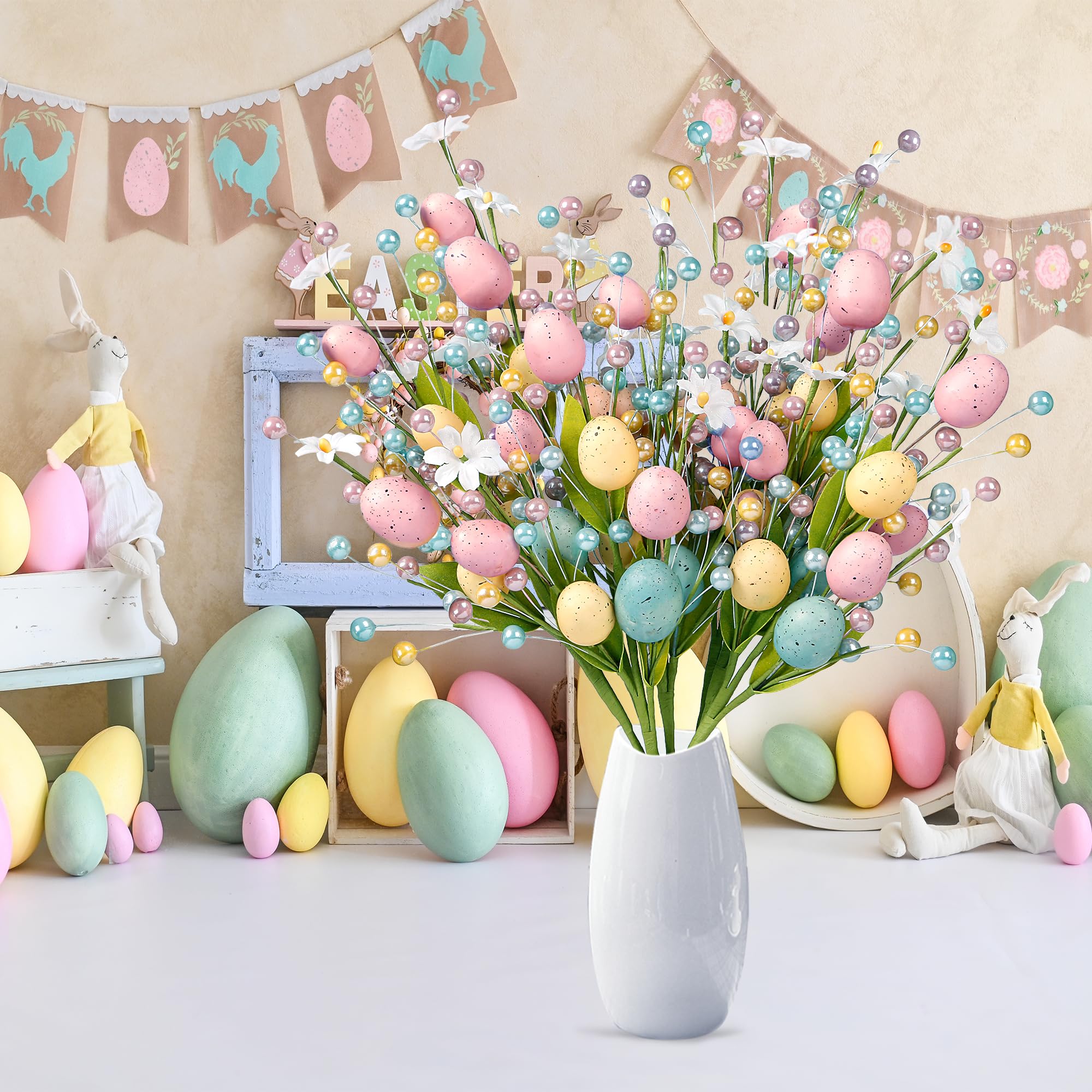 Sggvecsy Tallos artificiales de Pascua, 6 unidades, púas de bayas de primavera con huevos de Pascua, bayas coloridas, hojas, ramas, aerosoles de Pascua para arreglos de Pascua, centro de mesa,