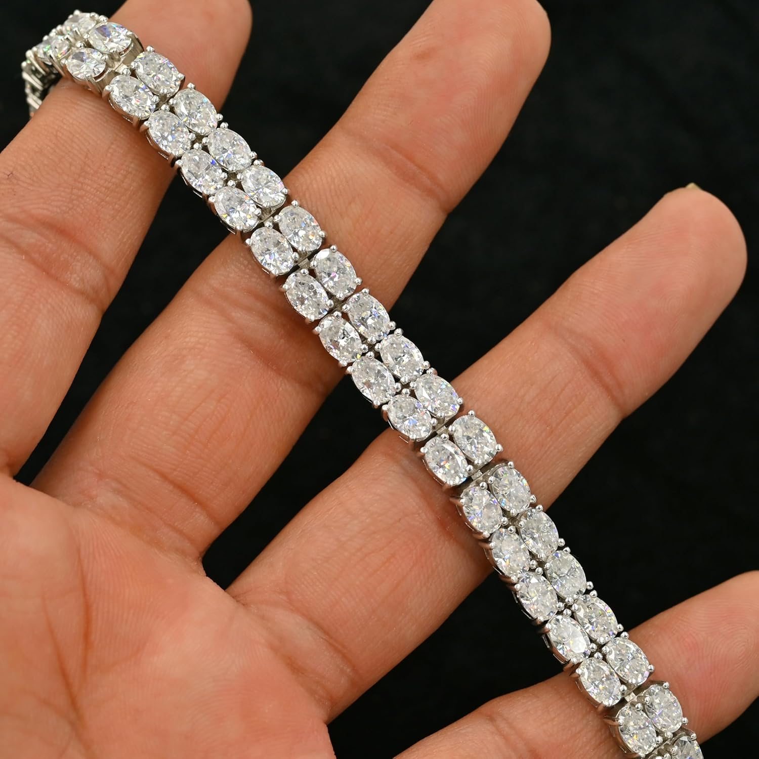 Double Line Moissanite Tennis Bracelet in 925 Sterling Silver | 6x4mm Oval Cut 23.50 Carat Luxury Two-Row Bracelet | Premium Jewelry | Enagement Gift | Gift For Her