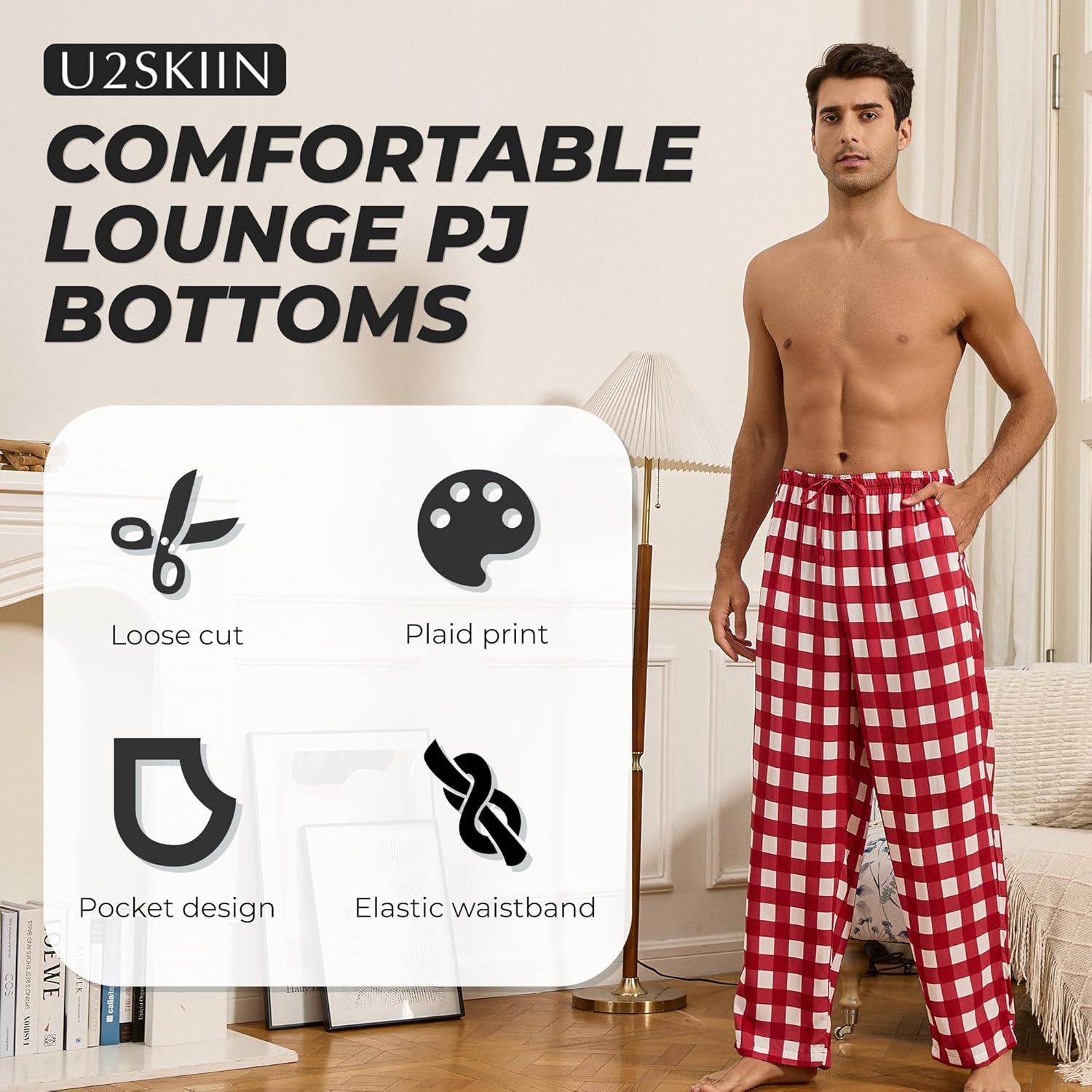 U2SKIIN Mens Pajama Pants Lightweight Cool Plaid Rayon Lounge Pj Bottoms with Pockets - Image 3