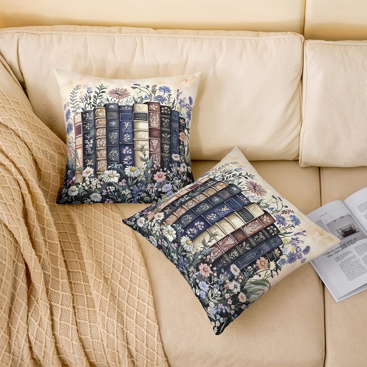 Erosebridal Vintage Book Throw Pillow Cover 24x24 Rustic Flowers Cushion Cover Literary Lover Modern Reading Cushion Case Retro Readers Library Bookshelf Decorative Pillowcase