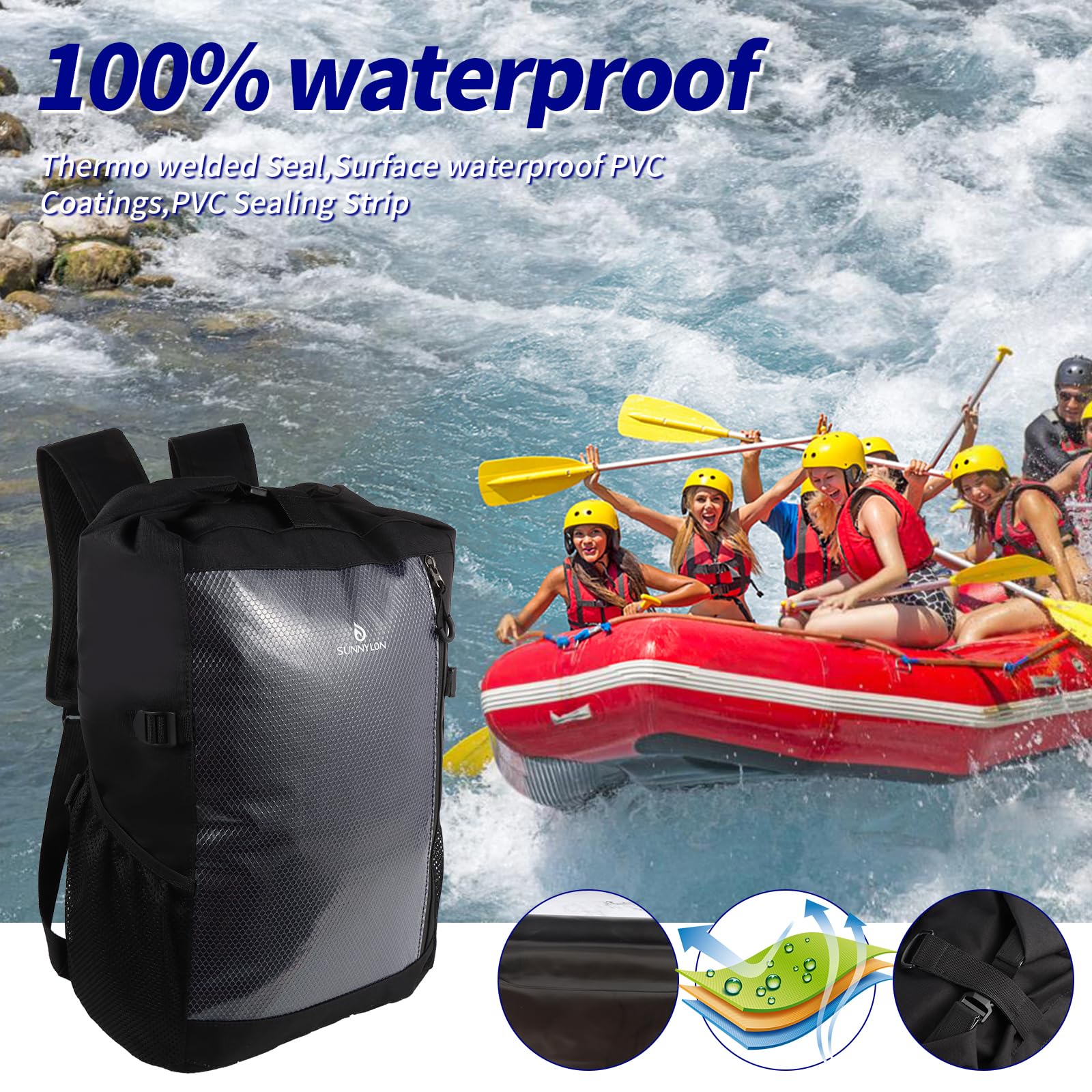 Zaino impermeabile da 25 l, per kayak, impermeabile, con marsupio e custodia per telefono, borsa impermeabile