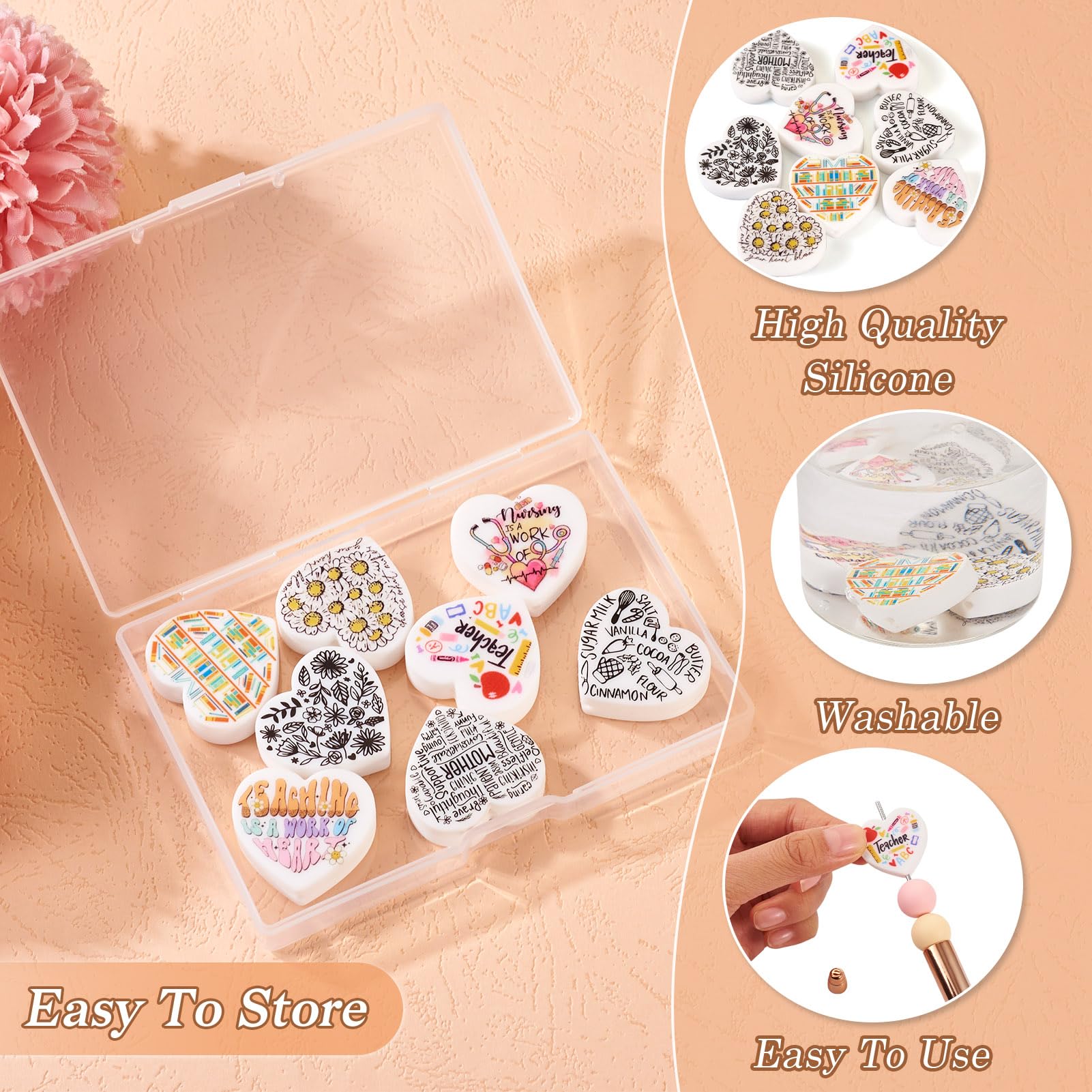 Silicone Heart Beads 8Pcs - Large Love Charms For Keychains & Jewelry Making