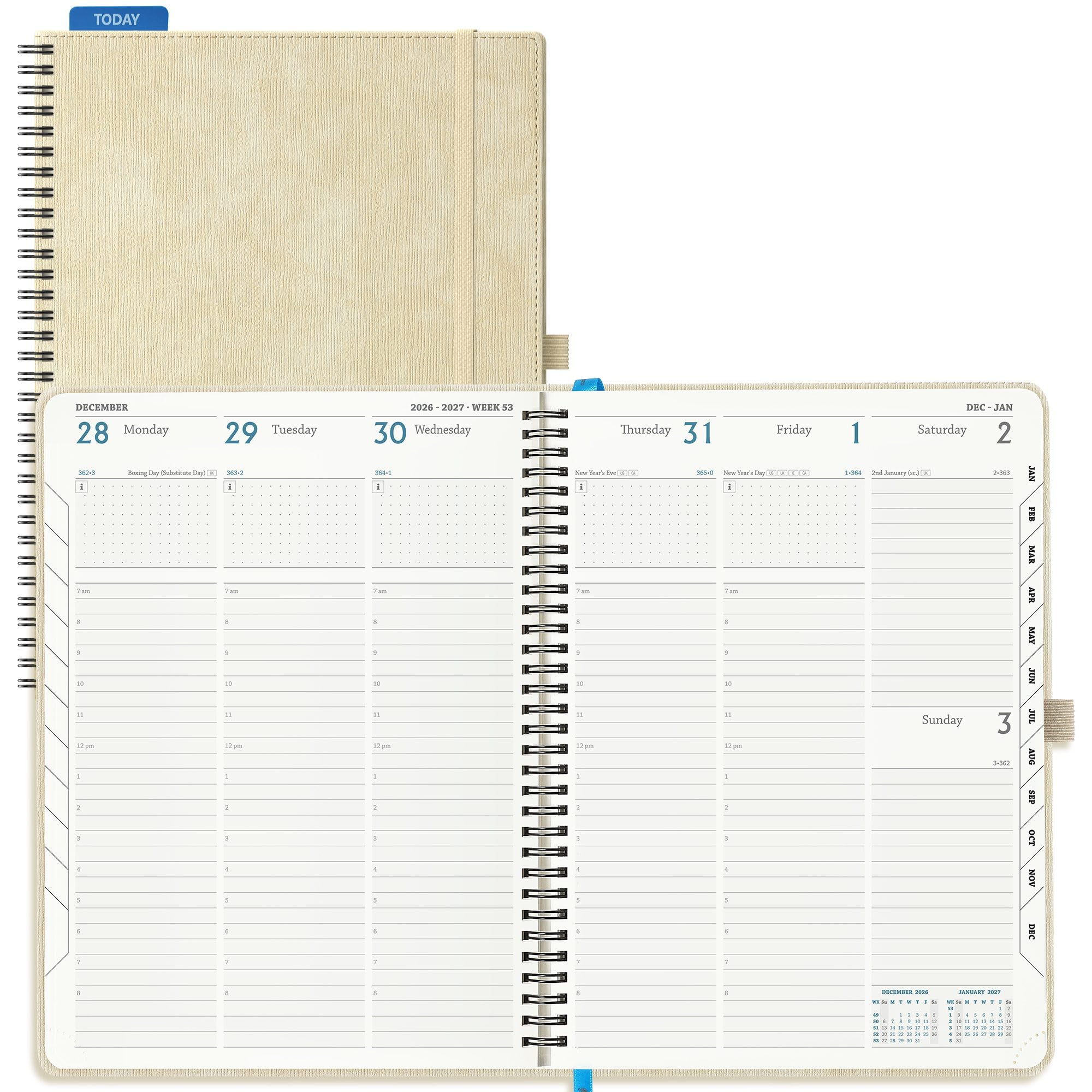IN-LUXPRO Academic Diary 2026-2027 Week to View A4 Large(29x21.5 cm) Spiral 18 Months (Jul'26 - Dec'27) Mid Year Diary 26/27 Vertical Weekly Planner with Timeslots& Month Tabs, PU Leather Beige
