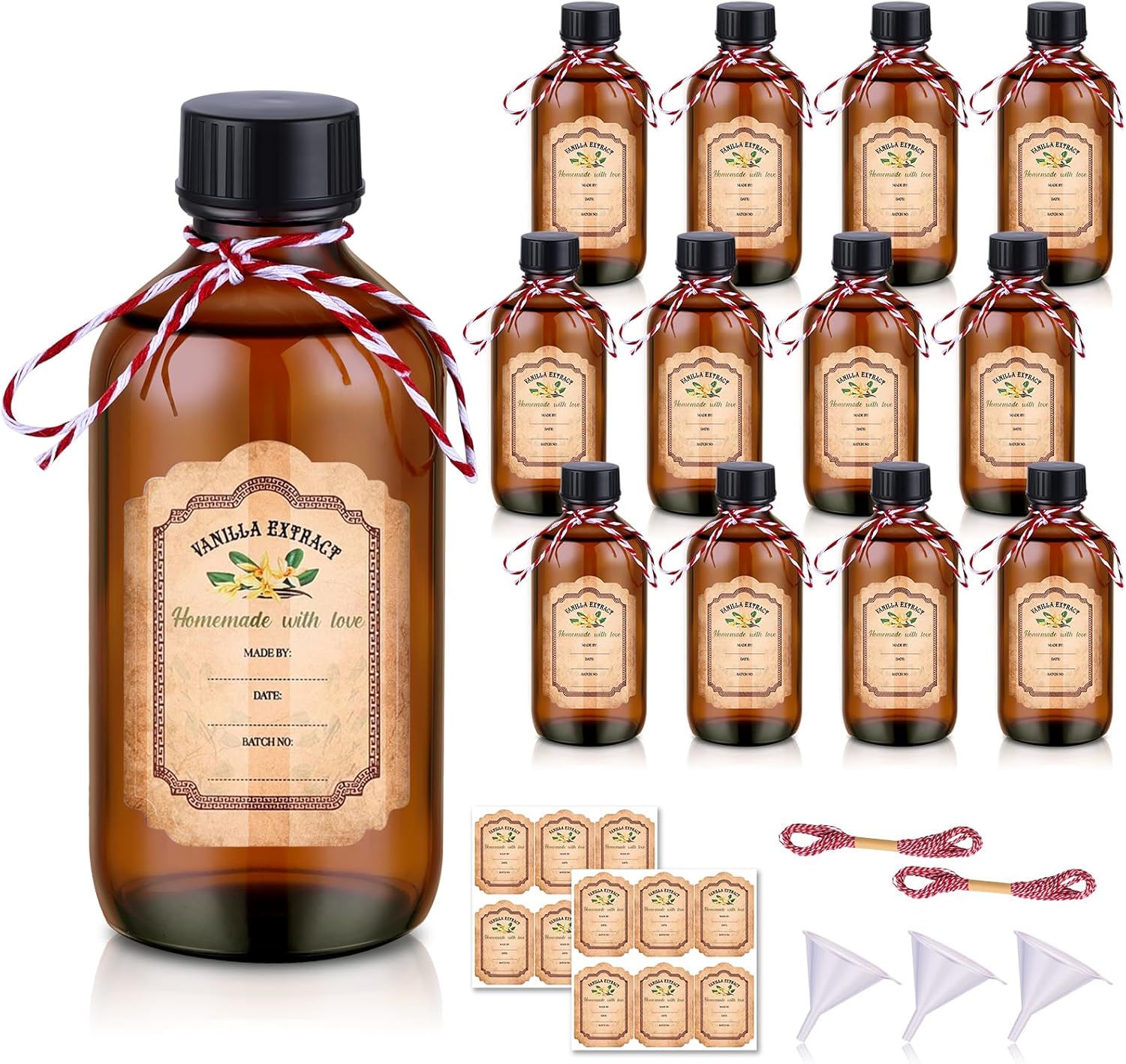 12 Pack Amber Glass Bottles for Vanilla Extract Homemade 8 oz,Vanilla Extract Bottles,Brown Boston Round Bottle with Caps and Stickers,Glass Food Storage Canister for Syrup Beans Sauce Essential Oil