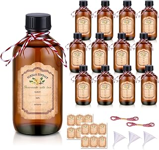 12 Pack Amber Glass Bottles for Vanilla Extract Homemade 4 oz Vanilla Extract Bottles Brown Boston Round Bottle with Caps and Stickers Glass Food Storage Canister for Syrup Beans Sauce Essential Oil