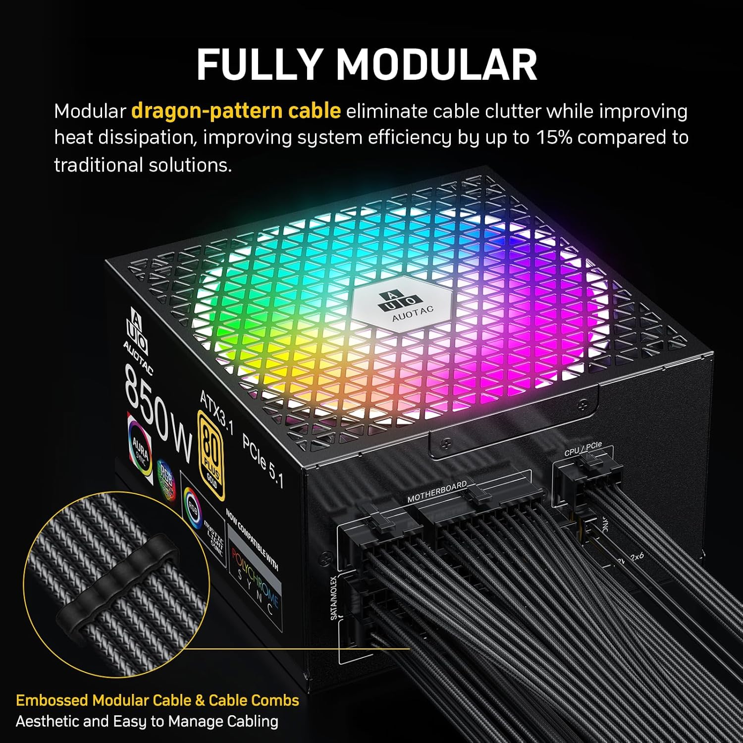 850W Fully Modular Power Supply 80+ Gold Certified with 12V-2x6 Cable – ATX 3.1 & PCIe 5.1 Compliant, 140mm RGB Low-Noise Smart Fan, 105℃-Rated Capacitors, Black - 5