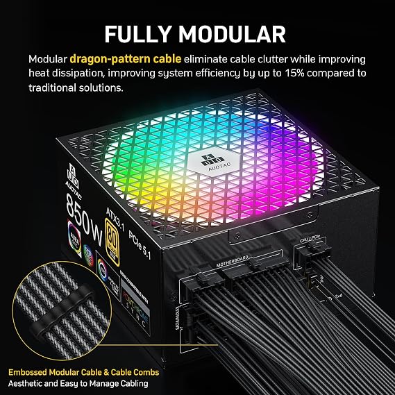 850W Fully Modular Power Supply, 80+ Gold PSU, ATX 3.1 & PCIe 5.1 Ready, Native Dual-Color 12V-2x6 Cable, RGB Low-Noise Smart Fan, 105C-Rated Capacitors, Black