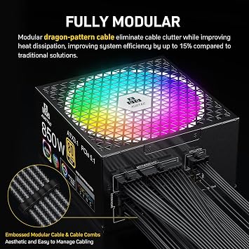 850W Fully Modular Power Supply, 80+ Gold PSU, ATX 3.1 & PCIe 5.1 Ready, Native Dual-Color 12V-2x6 Cable, RGB Low-Noise Smart Fan, 105C-Rated Capacitors, Black