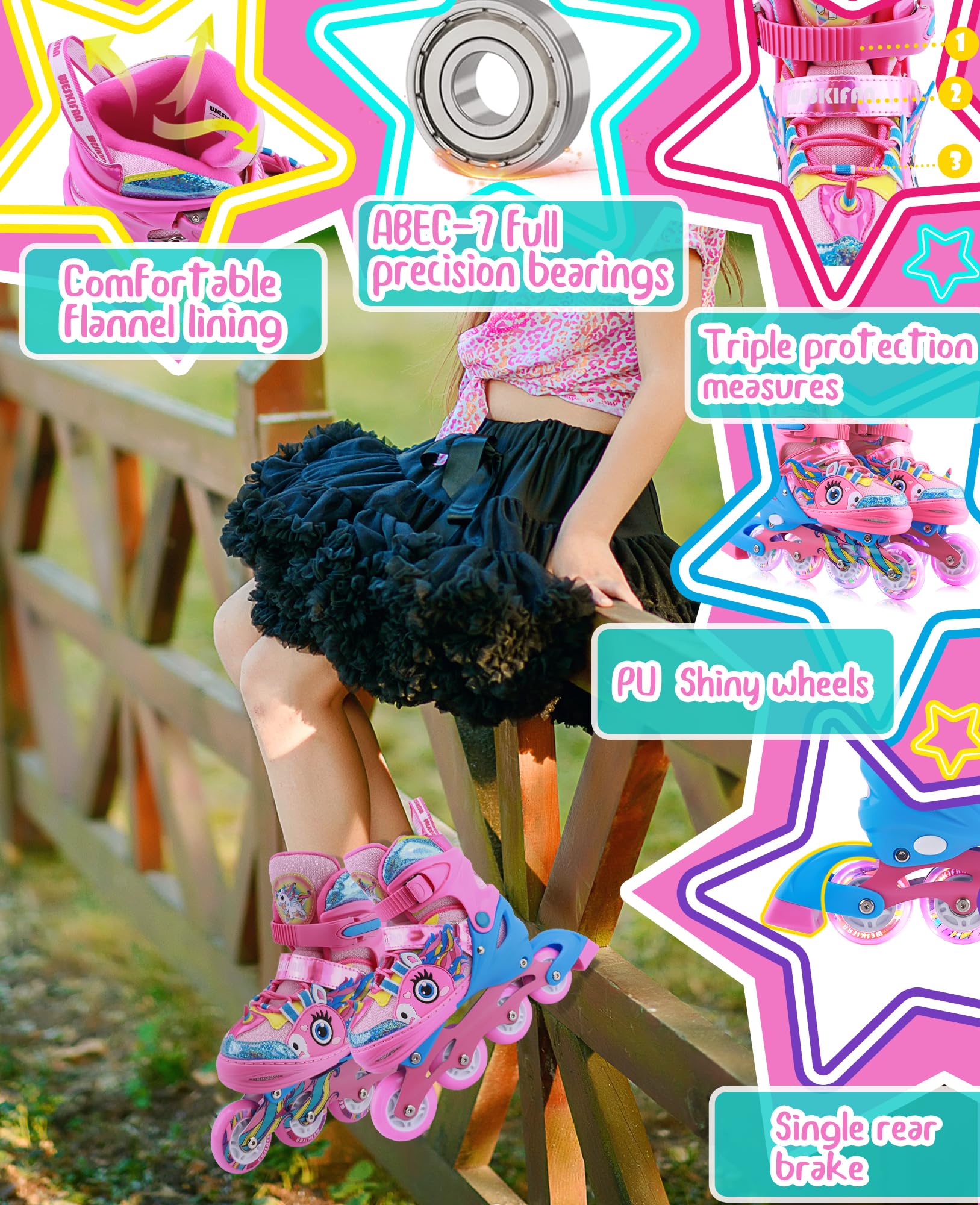 Unicorn Kids Inline Skates for Girls Women,WESKIFAN Rainbow Blades Skates with Shiny Light up Wheels&Adjustable Ages 6-8-12 Year Old, Roller Skates for Birthday Xmas Gifts Toys, Patines para Niñas
