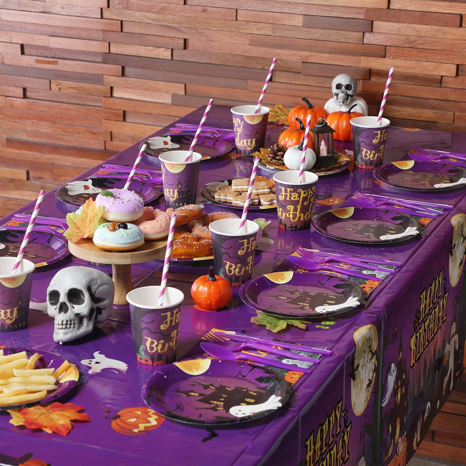 277 PCS Halloween Party Supplies Full Set Happy Birthday Decoration Backdrop Balloons Disposable Plates Tablecloth for Halloween Home Decor and Tableware, Serves 24