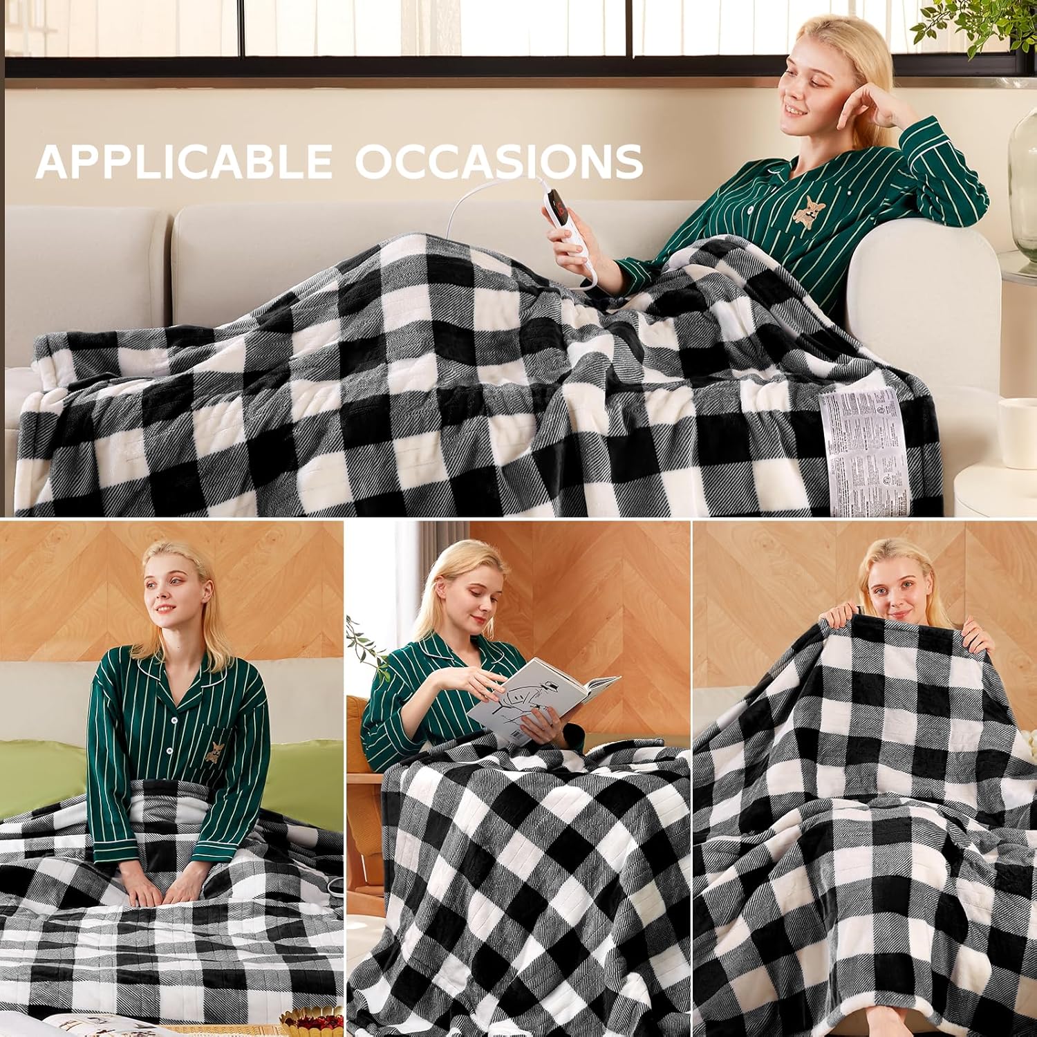 Electric Heated Sherpa Buffalo Plaid Christmas Throw Blanket with 8 Heating Levels & 8 Hours Auto Off, Fast Heating Warm Plush Washable Blanket with Over-Heat Protection, ETL Certification, Black - Image 6