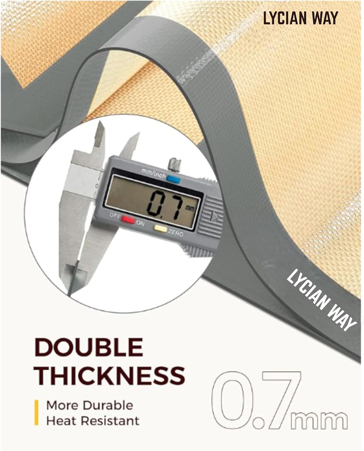 Close-up image showing a digital caliper measuring the thickness of a silicone baking mat at 0.7mm, with text indicating 'Double Thickness' for durability.