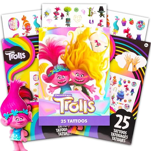 Trolls - Paquete de tatuajes temporales para fiestas con 75 tatuajes de trolls, suministros de fiesta y actividades de fiesta, trolls, recuerdos de
