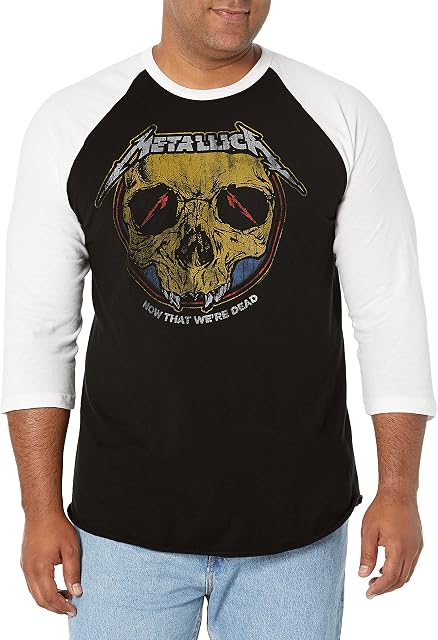 Camiseta masculina Metallica Now That We Dead Raglan beisebol preta/branca
