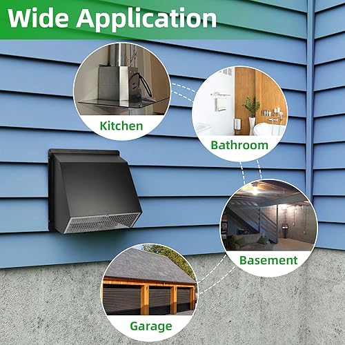 Miniatura 7 de Rejilla de ventilación de pared con capucha de 4 pulgadas con pantalla y amortiguador, cubierta de ventilación de secadora al aire libre para