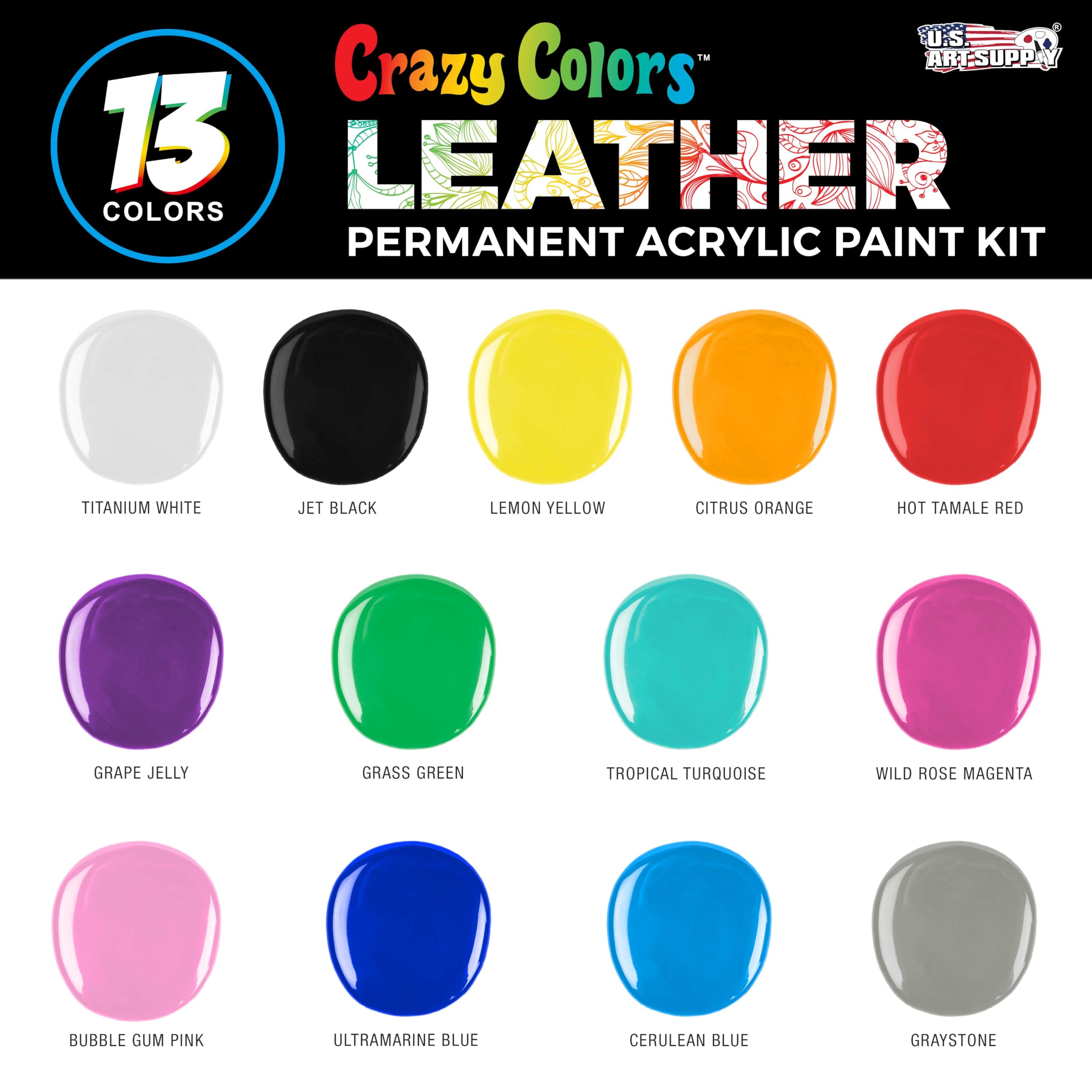 Crazy Colors Kit de pintura acrílica de alta calidad para cuero y zapatos, 13 colores, desengrasante, juego de pinceles de 4 piezas, botellas de 1 onza, flexible, resistente a los arañazos, zapatillas