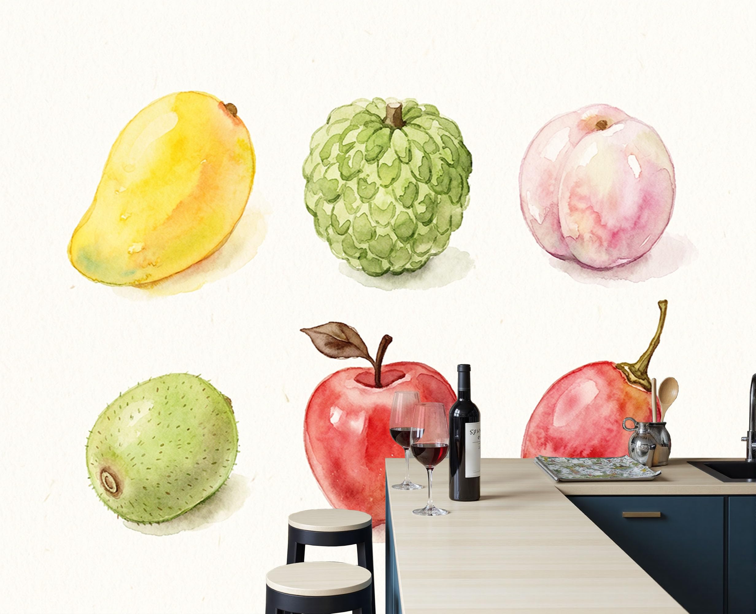 Papier Peint Panoramique Fruits Aquarelle Fraîche Tapisserie Intissée 250x175 cm pour Salon