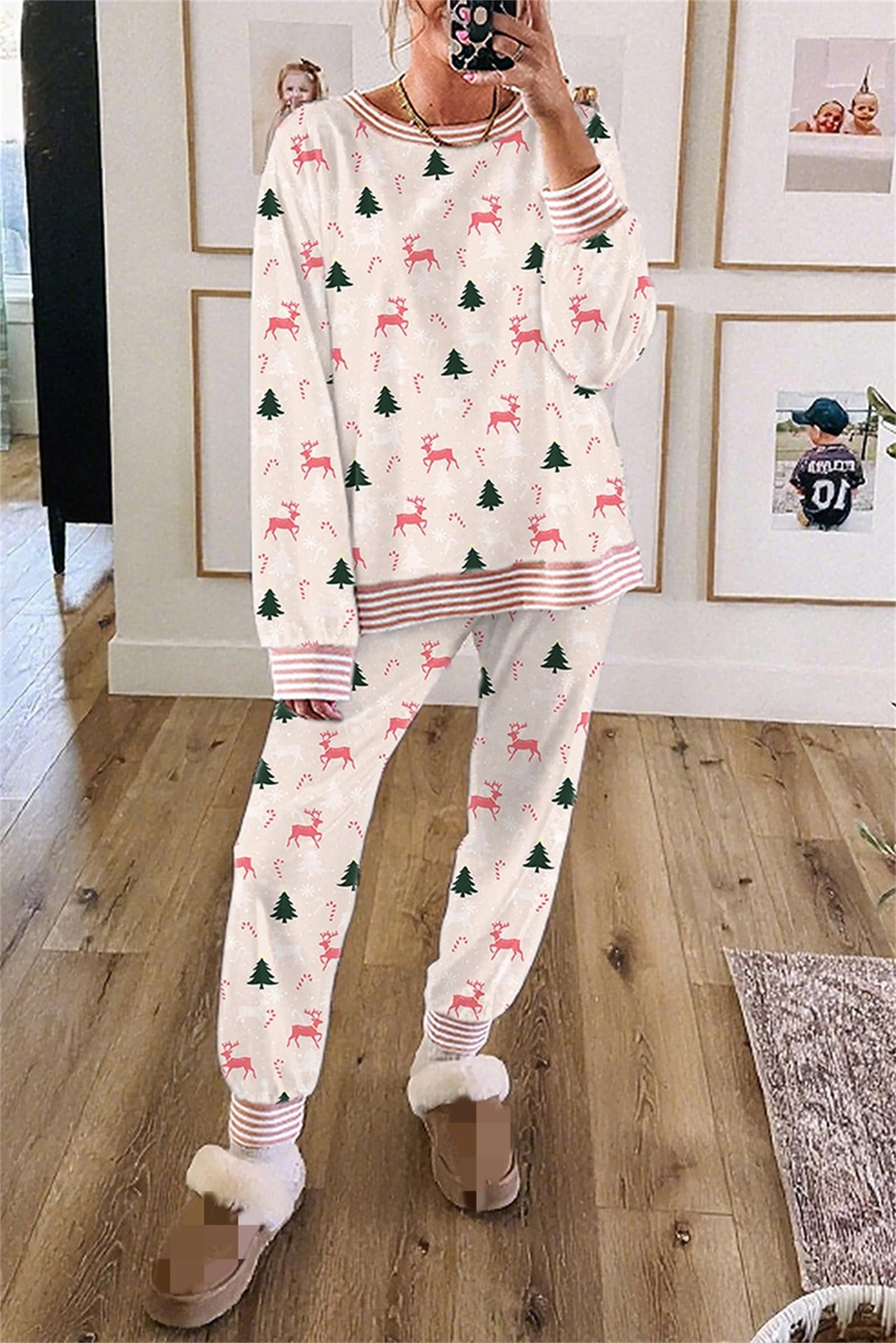 Generisch Pigiama natalizio con motivo natalizio e fiocchi, 2 pezzi, pigiama natalizio da donna, a maniche lunghe e pantaloni