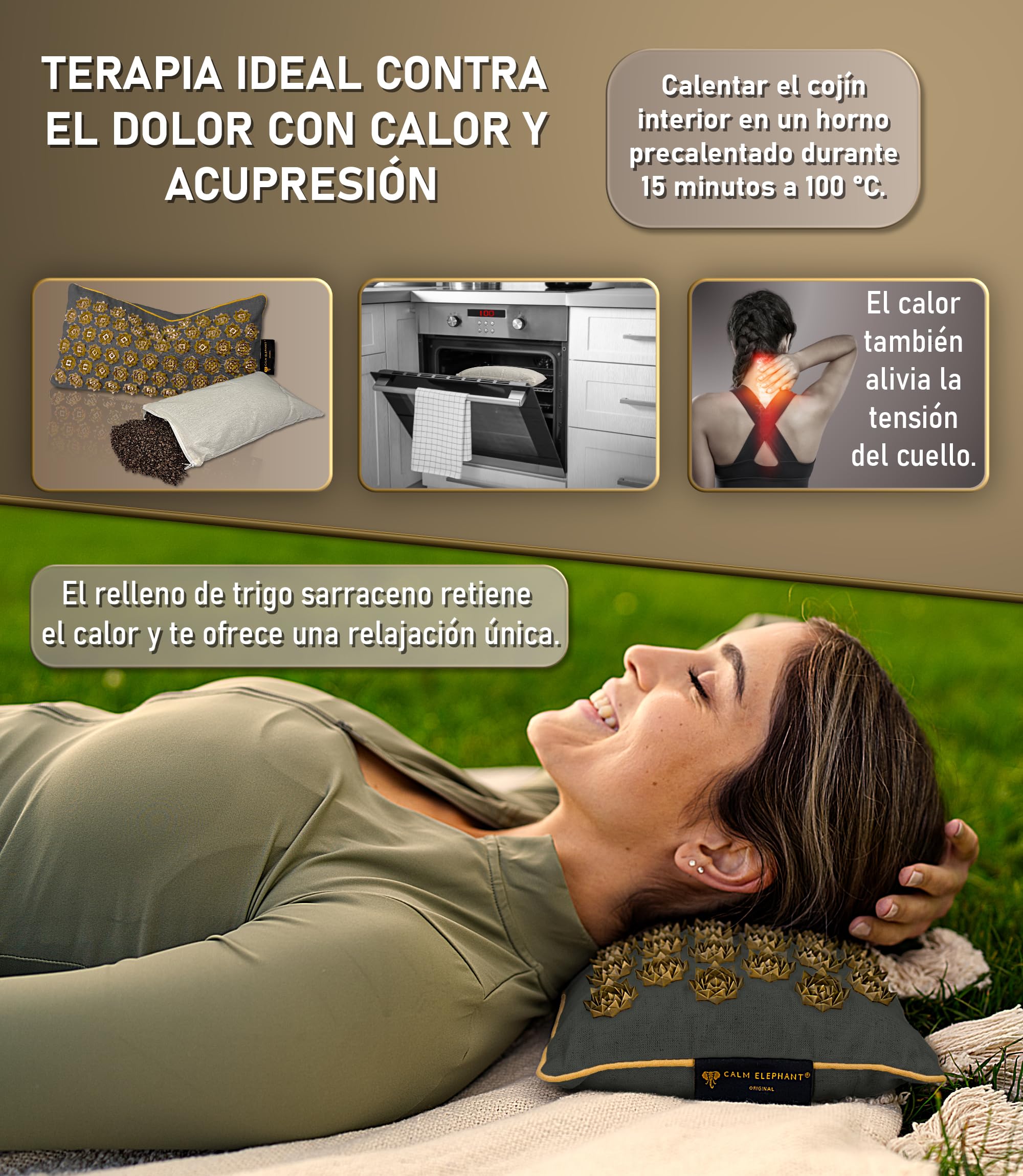 CALM ELEPHANT ORIGINAL Esterilla de Acupresión con Cojín XXL Set Genuine 5 Piezas, Masaje Espalda, Libera Tensiones, Cojín con Calor, Cojín Lumbar, Esterilla Pies y Bolsa - Gris