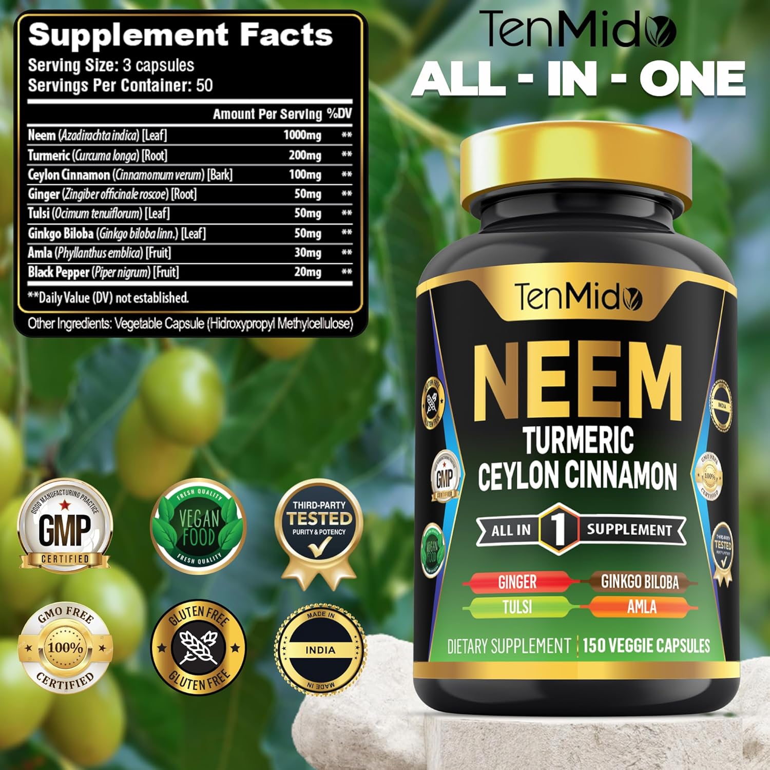 Neem Leaf Supplement - 8in1 Formula - Combine with Turmeric, Ceylon Cinnamon, Ginger, Tulsi, Ginkgo Biloba, Amla, and Black Pepper - Immune Health Support - 150 Vegan Capsules - Image 2