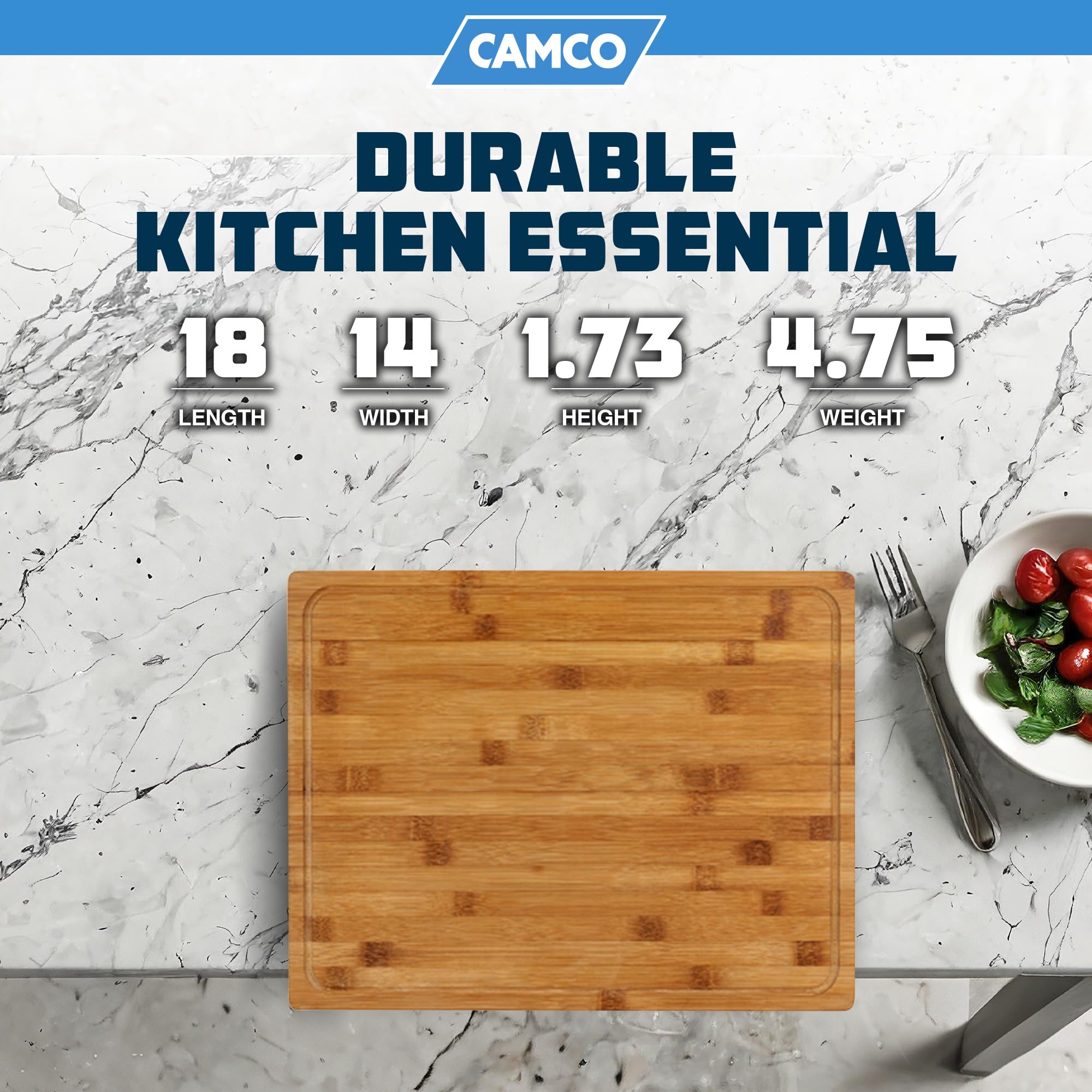 Camco 43545 Tabla de cortar de bambú con borde de mostrador | Perfecta para verduras, frutas, carnes y quesos | Mide 18 x 14 x 1-3/4 pulgadas, marrón