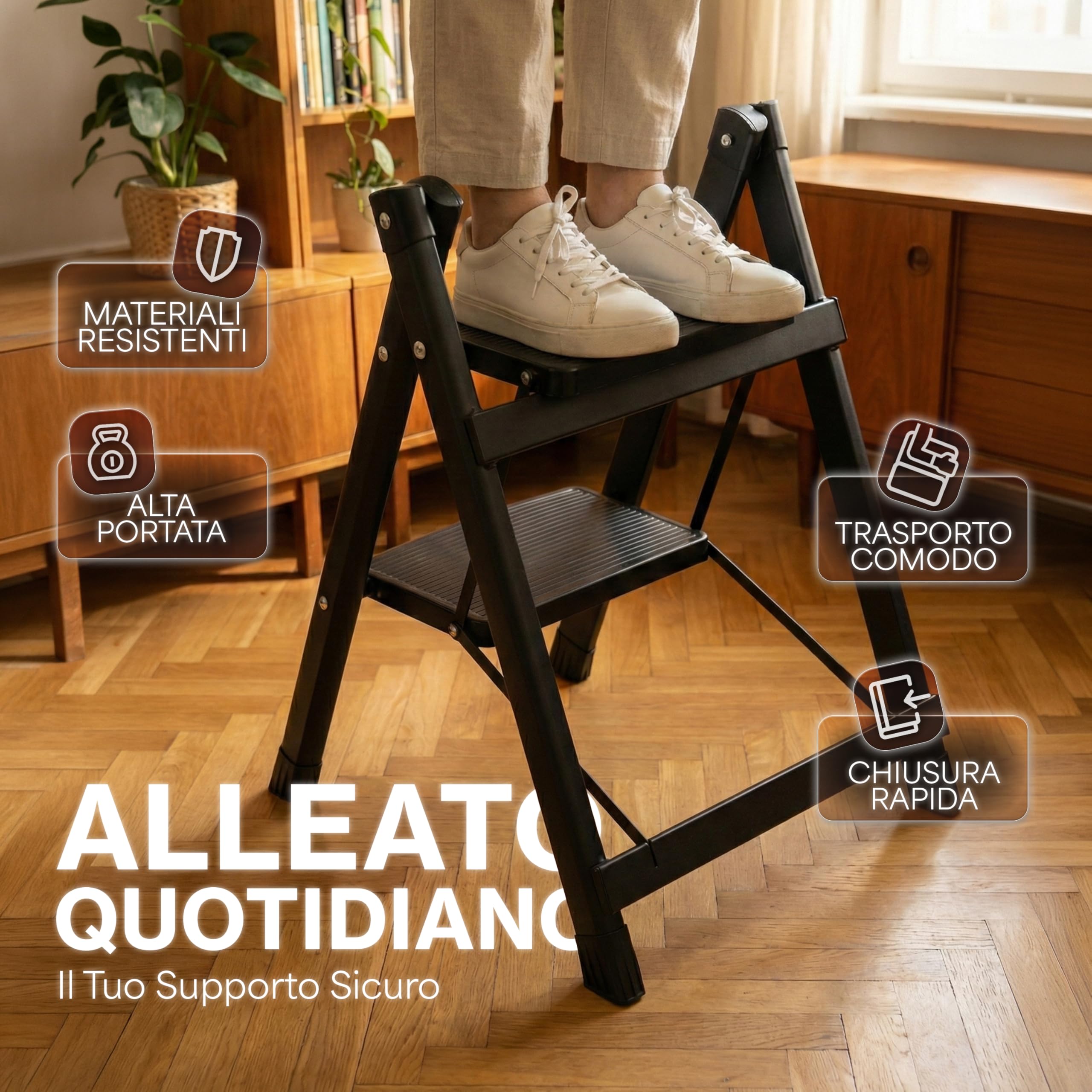 Sgabello Pieghevole in Acciaio al Carbonio e PP Rinforzato – Portata fino a 500 kg – Superficie Antiscivolo e Design Salvaspazio