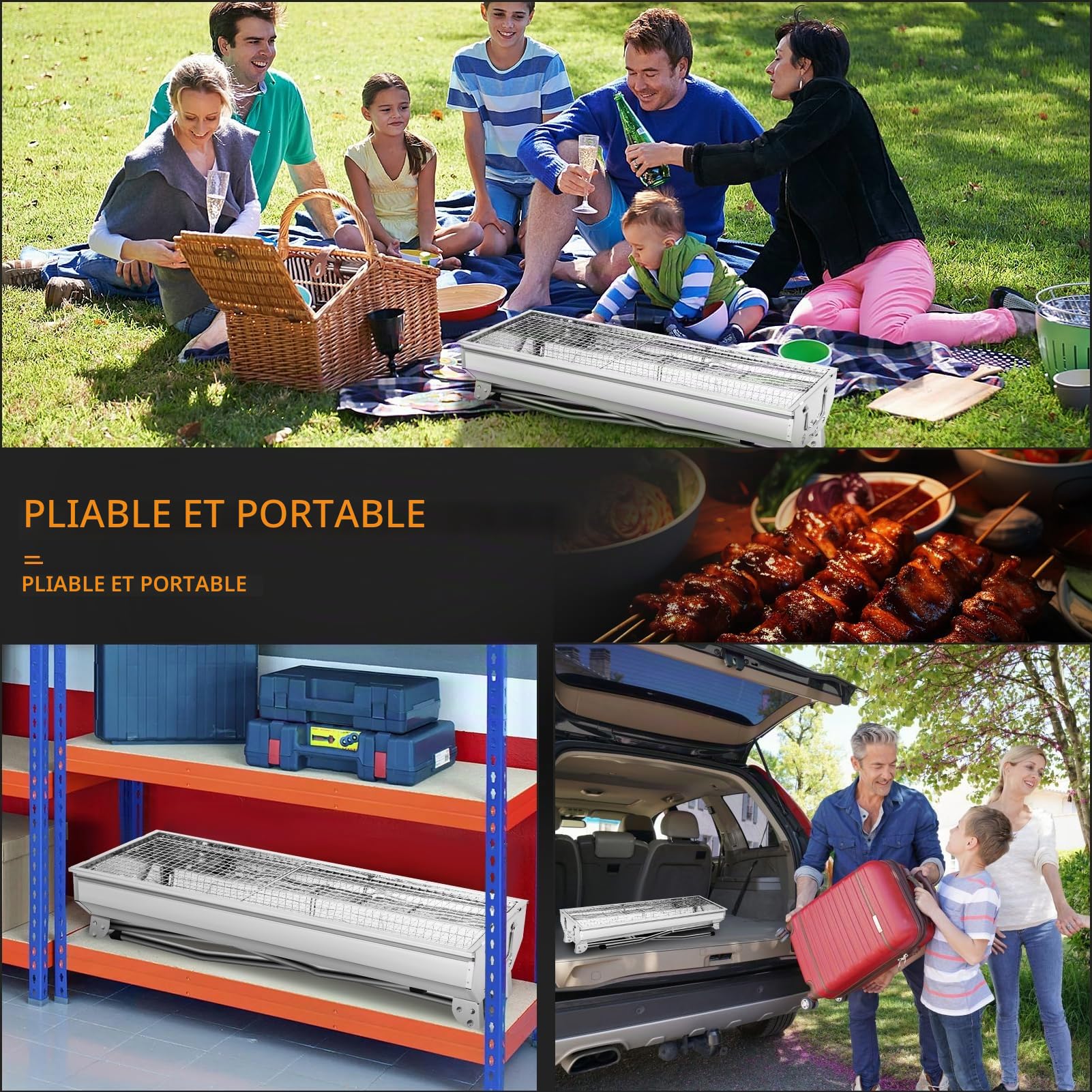 Barbecue au charbon de bois XXL (73 x 28 x 76 cm), barbecue portable à charbon pliable, en acier inoxydable, barbecue d'extérieur sur pied, barbecue à charbon pliable