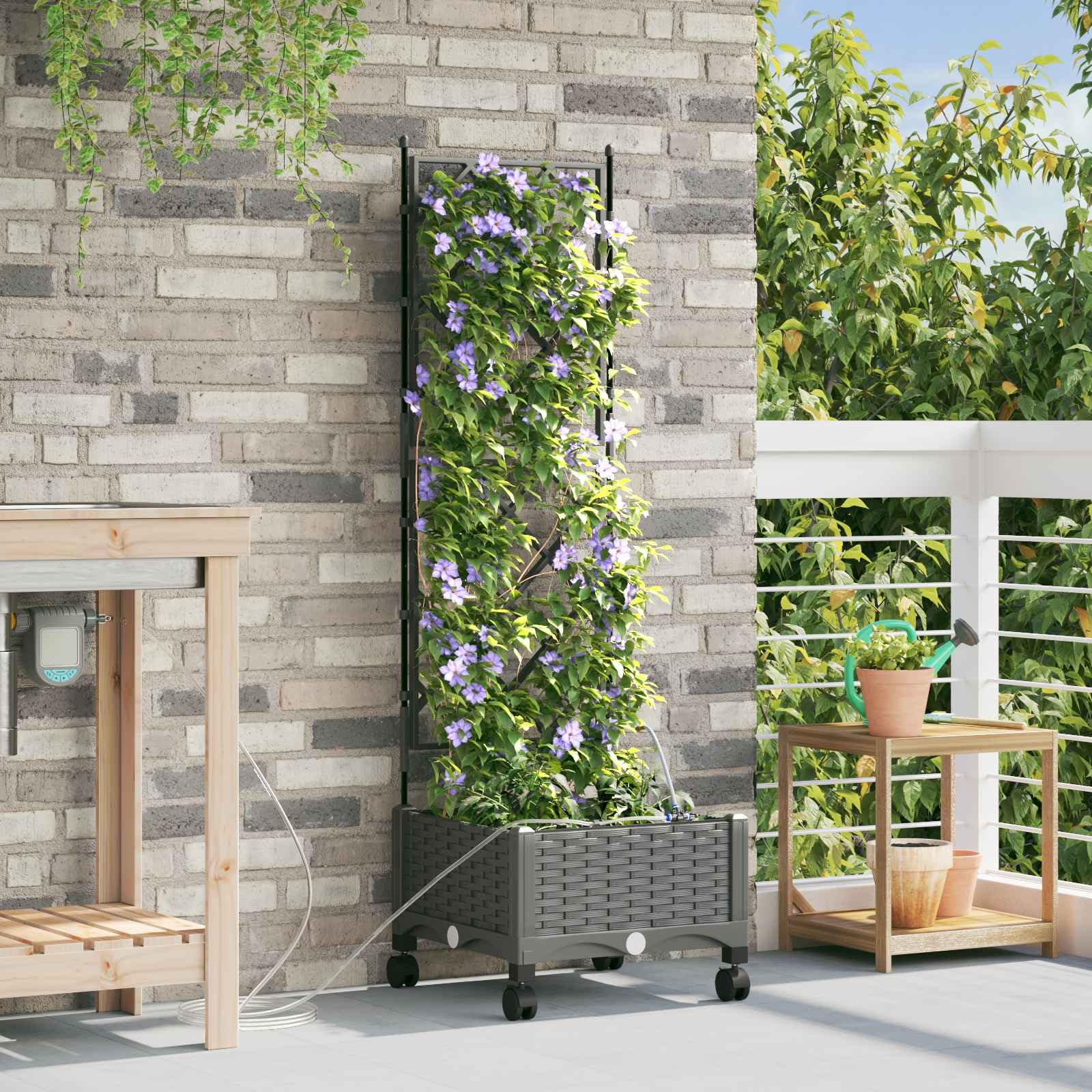 Vaso da giardino con ruote di irrigazione, grigio chiaro, in polipropilene, resistente alle intemperie, grande fioriera per balcone, terrazza, giardino, resistente al gelo, con serbatoio