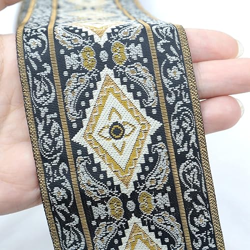 Miniatura 3 de Cinta Jacquard Bohemia Negra Dorada Cinta Étnica Ribete de Bordado Geométrico para Costura, Decoración de Ropa (5 Yardas)