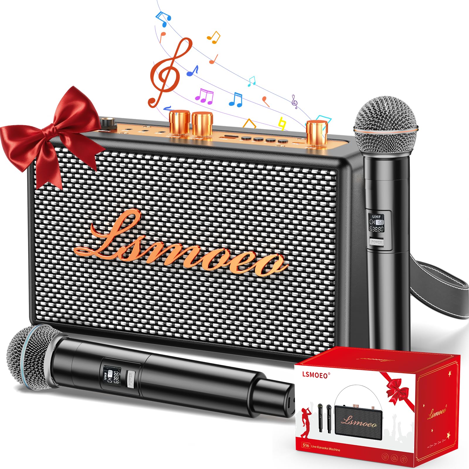 Tragbare Karaoke Maschine Anlage mit 2 Drahtlosen Mikrofonen für Erwachsene & Kinder Bluetooth Lautsprecher Unterstützt Vier-Kanal-Mikrofonerweiterung für Hauspartys,Picknicks/Vintage-Geschenke