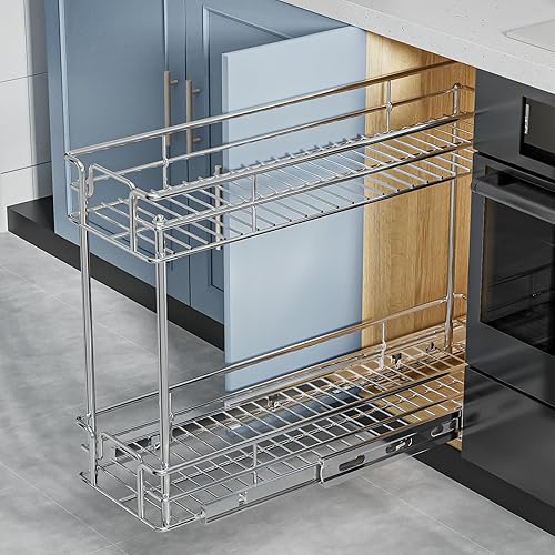 Miniatura 4 de ROOMTEC Estante de especias extraíble con tabla de madera para gabinete estrecho (5.5 pulgadas de ancho x 21 pulgadas de profundidad), organizador