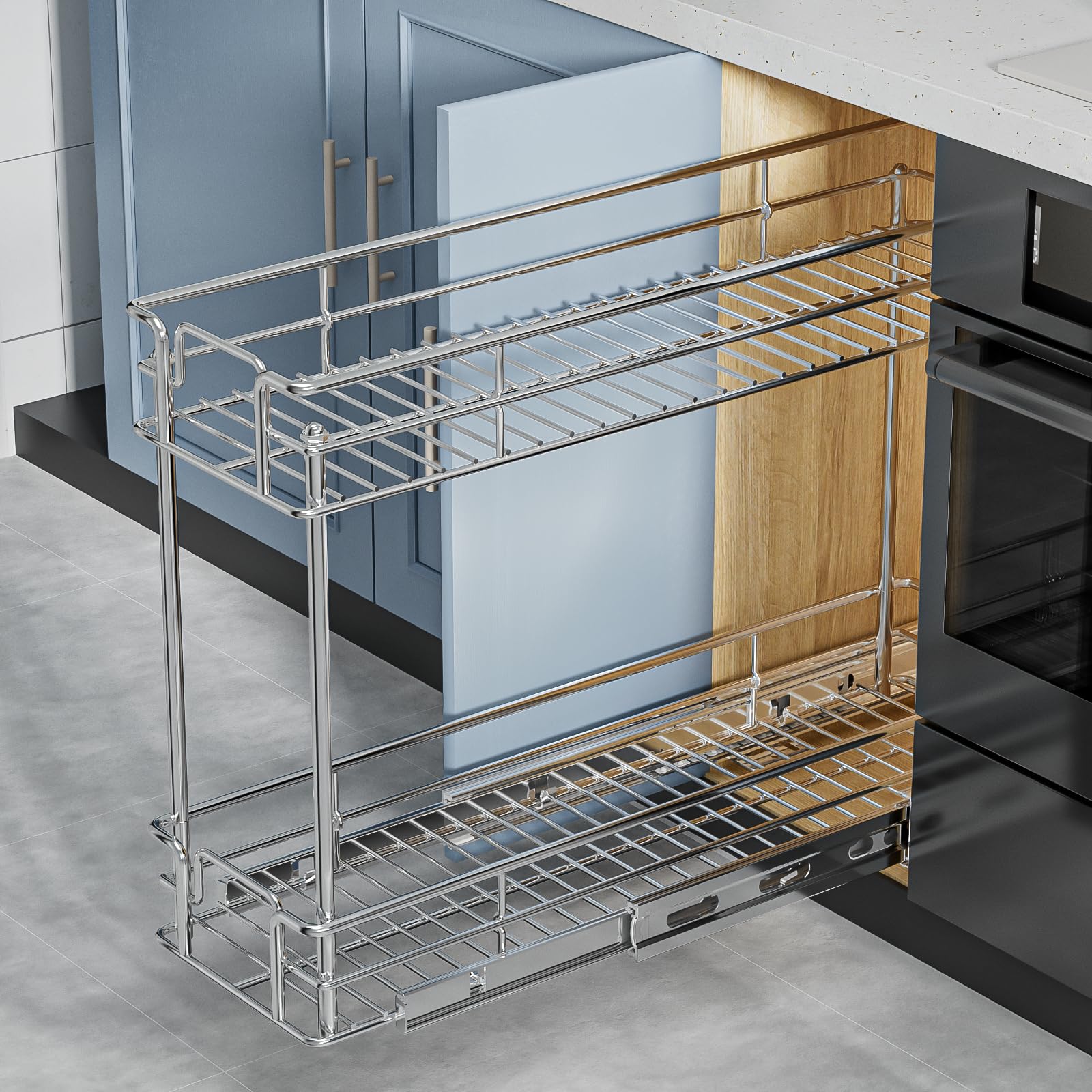 ROOMTEC Organizer Estraibile Per Mobili Cucina - 2 Ripiani, 53x35x41 Cm, Portata 45 Kg, Cromato - 2