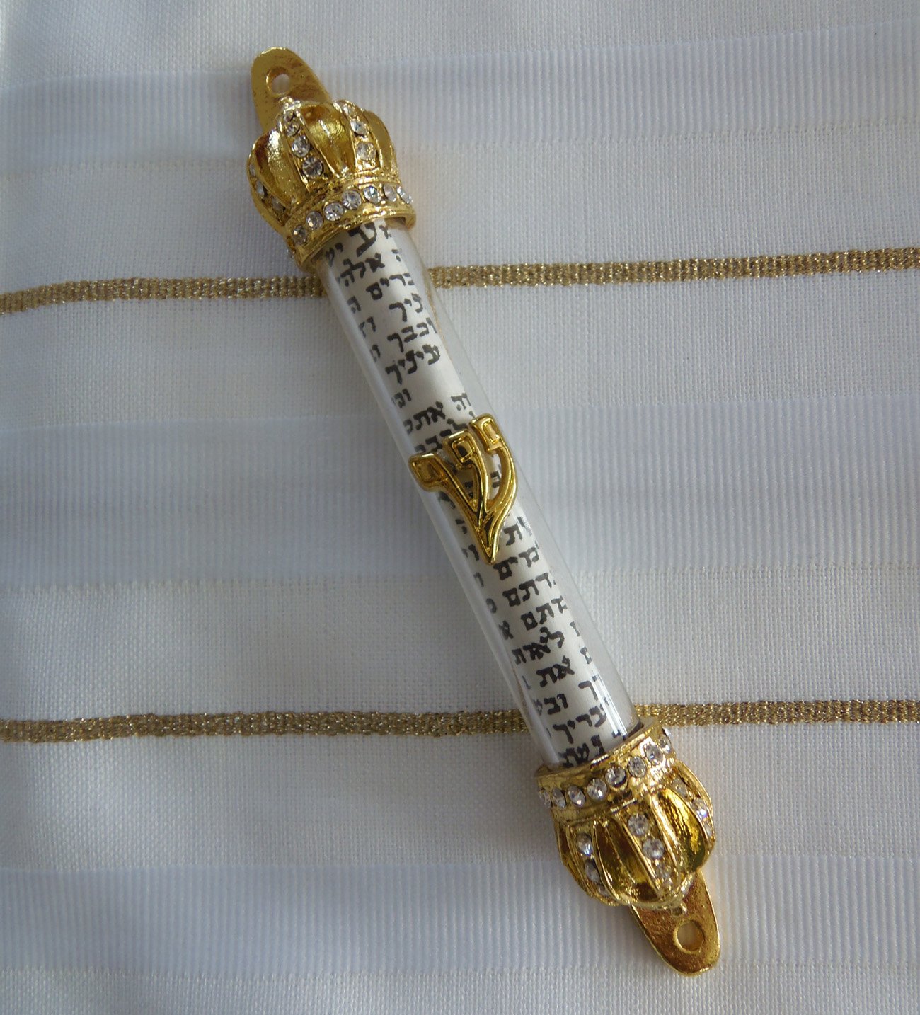 Gold Plated Royal Cz Gemstone Crown Mezuzah and Scripture Parchment Scroll