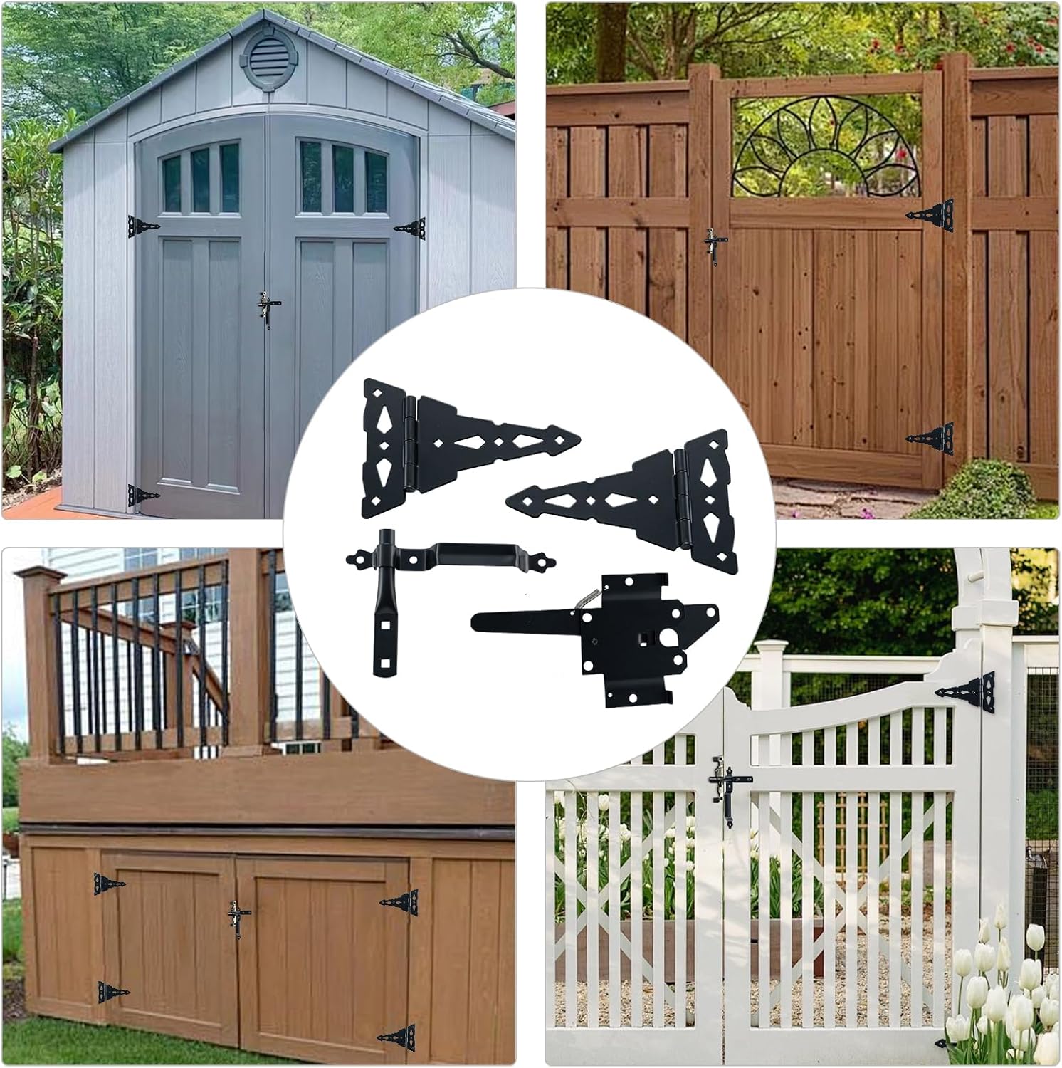 WellMade Heavy Duty Wood Gate Kit,8 Inch Decorative T Hinge and Spring Loaded Latch Gate Kit with Screws for Wooden Fence Shed Storage Gate Barns,Black Finish