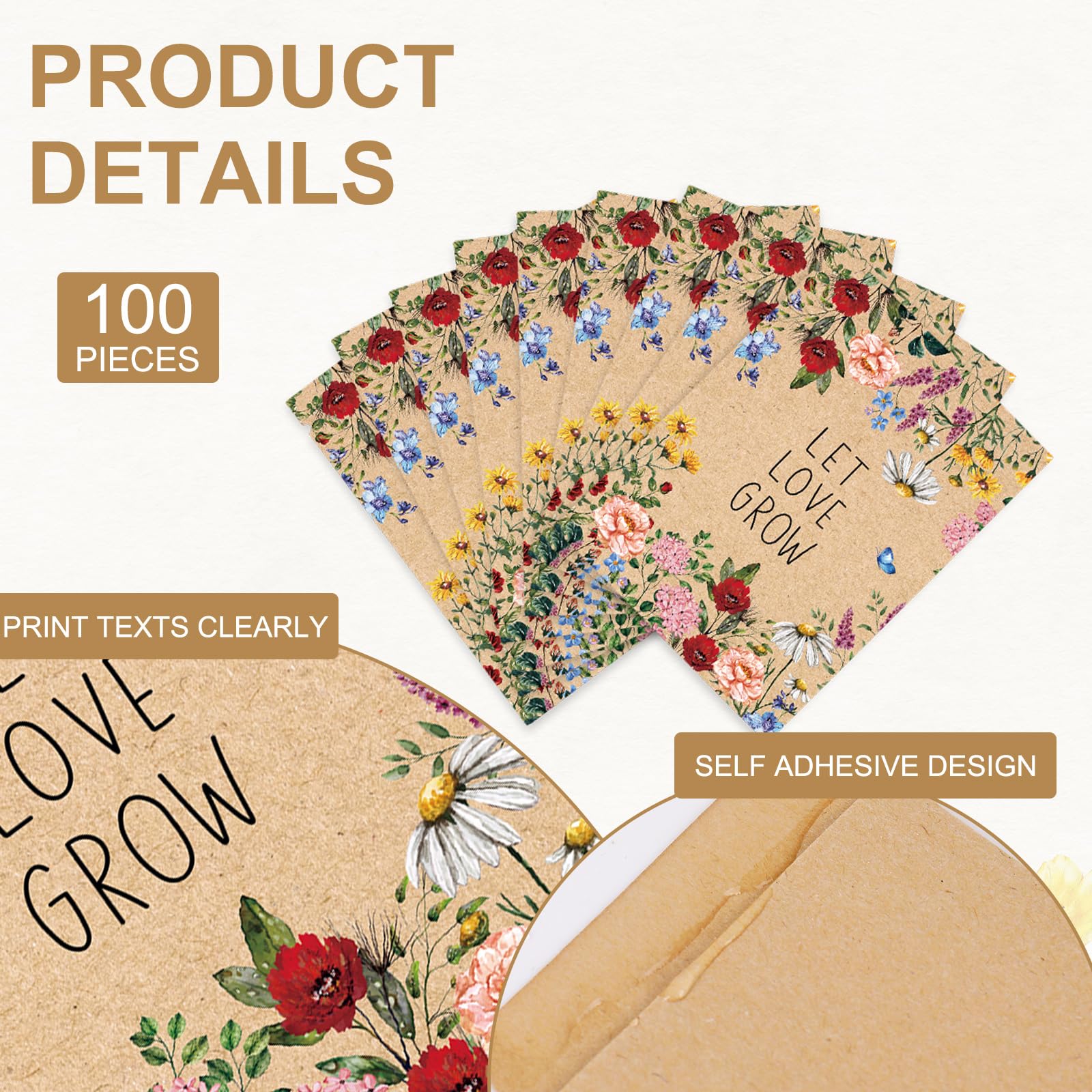 JarThenaAMCS 100 Stück Wildblumensamen-Münzumschläge, Kraftpapier, Druckverschlussbeutel mit Fenster, Vintage-Blumenmuster, wiederverschließbare Samenpakete für Blumen, Gemüse, Pflanzen, Samen
