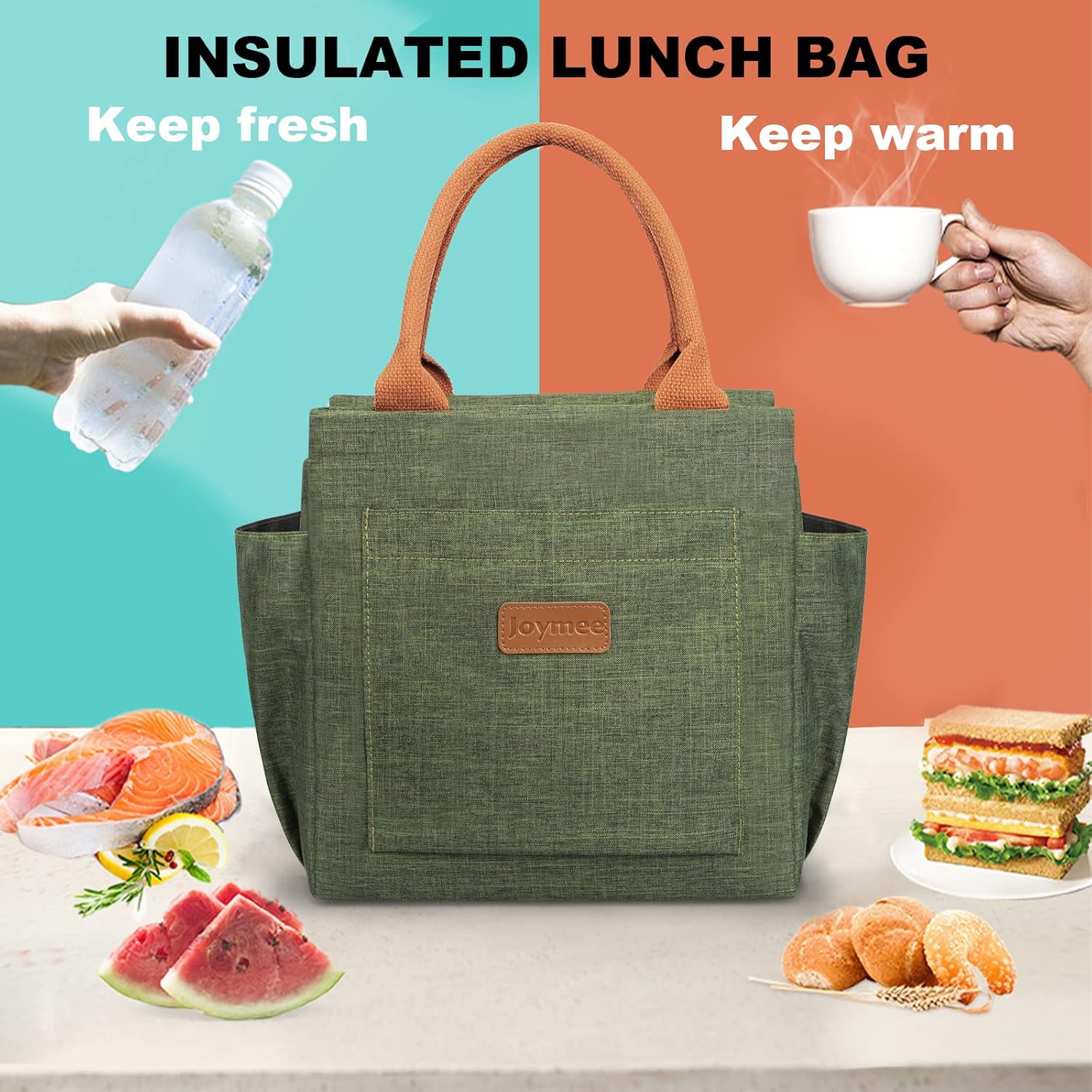 Joymee Lunch Bag Women Insulated Lunch Box Reusable Leakproof Large Spacious Cooler Tote for Womens Mens Adults with Bottle Holder and Side Pockets for Work Office Travel Picnic - Green - Image 5
