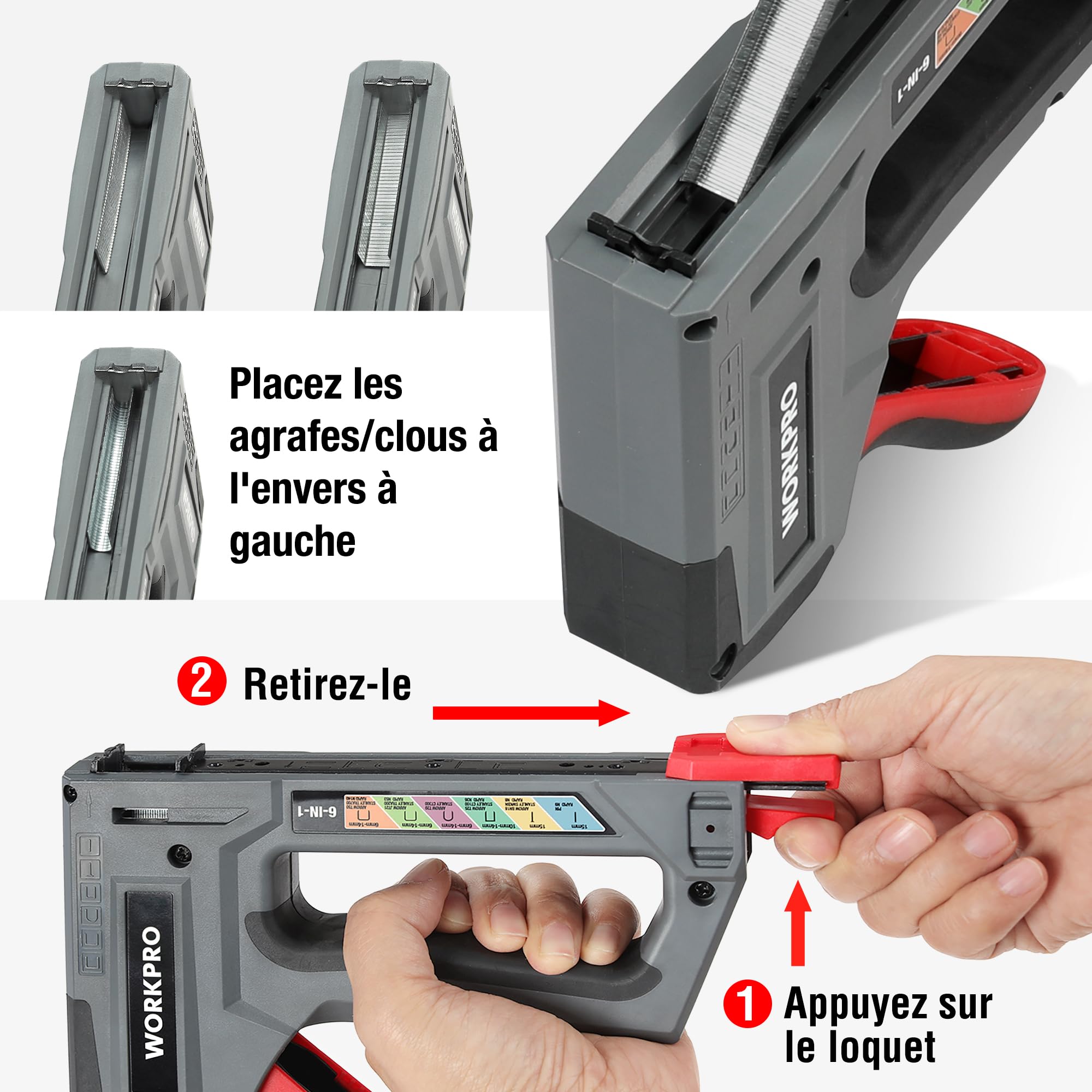 WORKPRO Agrafeuse Murale Multifonction 6 en 1 avec 4000 Agrafes, Agrafeuse Manuelle pour Fixer le Matériel, Décoration de Meuble, Assemblage de Porte, Fenêtre, Armoire