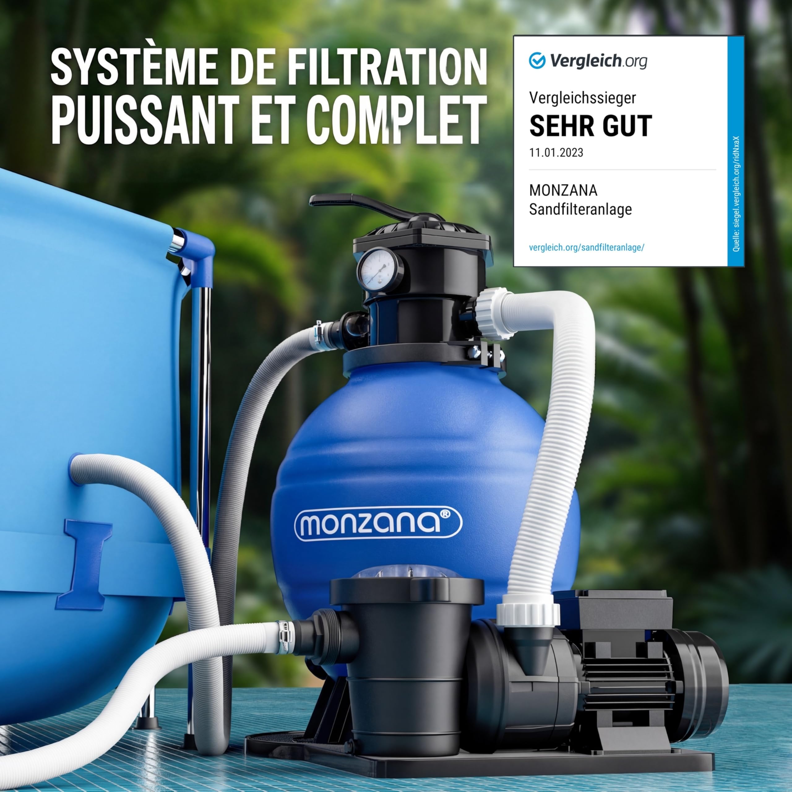 MONZANA® Pompe filtre à sable 15,9 m³ auto-amorçante pour piscines jusqu'à 70 m³ certifié TÜV vanne 7 voies raccord 2en1 Ø32-38mm système de filtration à sable