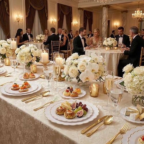 Miniatura 2 de supernal 100 platos de plástico blanco y dorado festoneado, platos de plástico para fiestas, bonito plato de cena, perfecto para el día de San 100