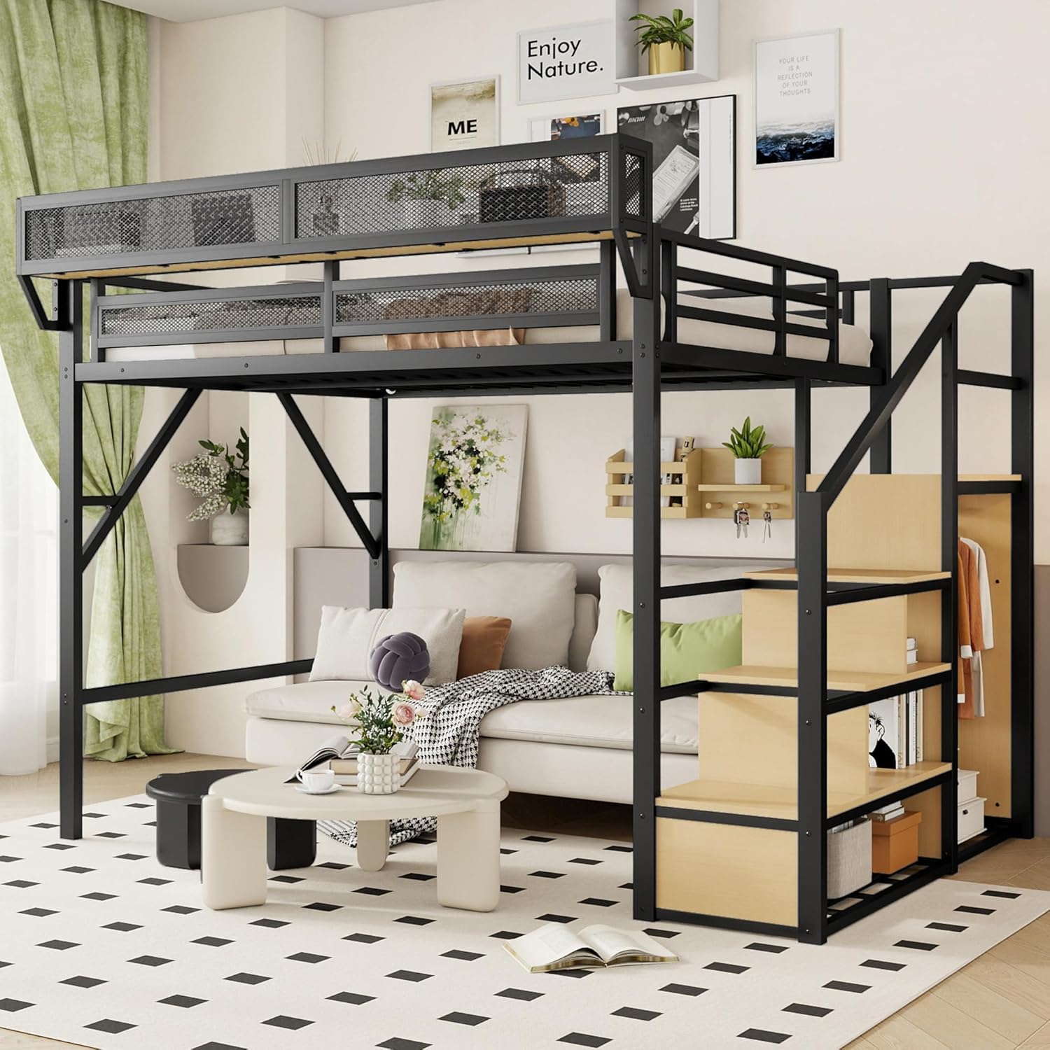 Queen Size Loft Bed with Staircase, Metal Loft Beds with Storage Shelves & Wardrobe, High Lofted Bed Frame, loft Tall Bed for Boys Girls and Teens, No Box Spring Needed (Black)