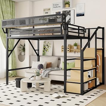 Queen Size Loft Bed with Staircase, Metal Loft Beds with Storage Shelves & Wardrobe, High Lofted Bed Frame, loft Tall Bed for Boys Girls and Teens, No Box Spring Needed Black