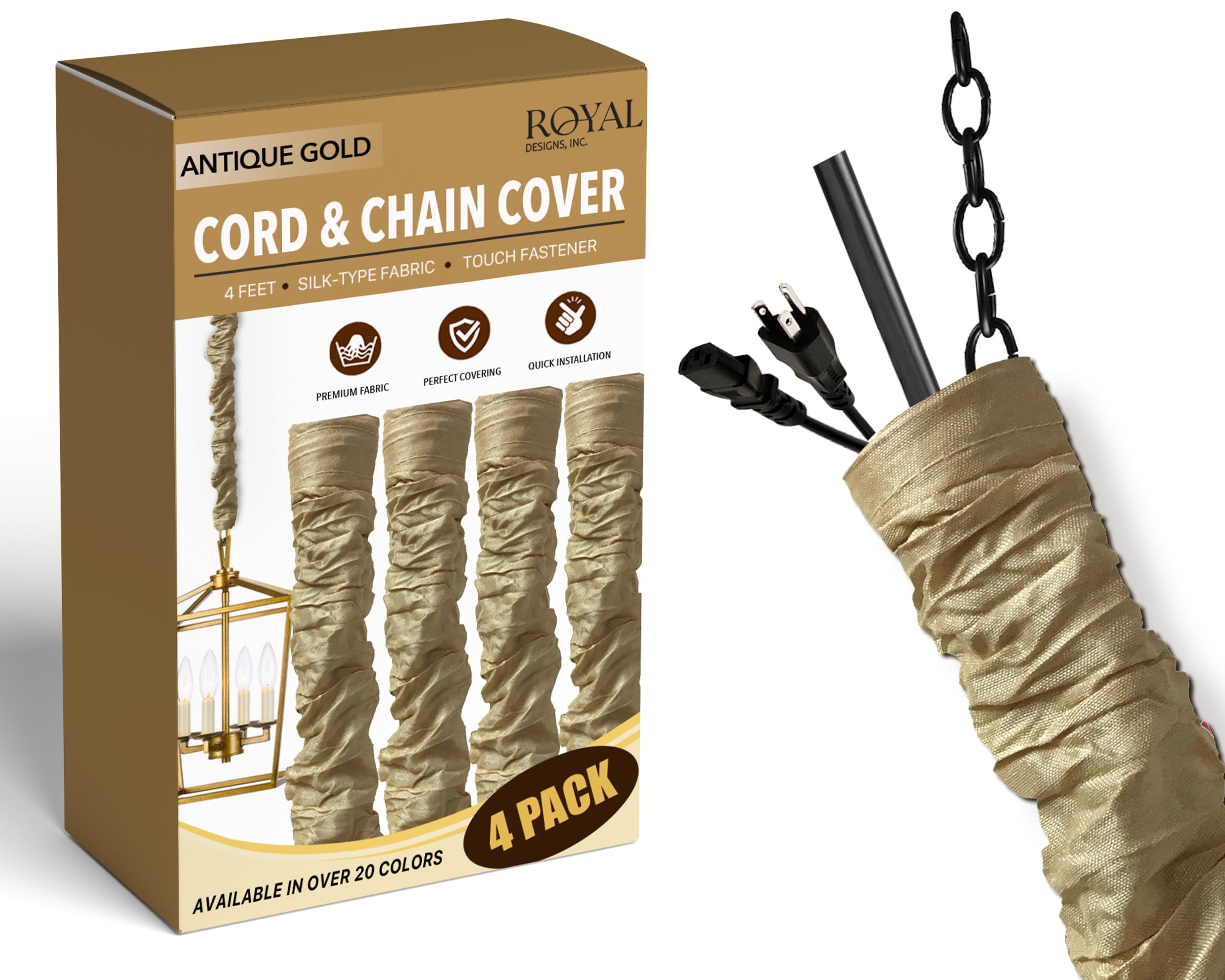 Royal Designs, Inc. Cord &amp; Chain Cover 4 ft Silk Type Fabric, Chandelier Pendant Lighting Chain &amp; Cable Management, Touch Fastener, Antique Gold - 4 Pack