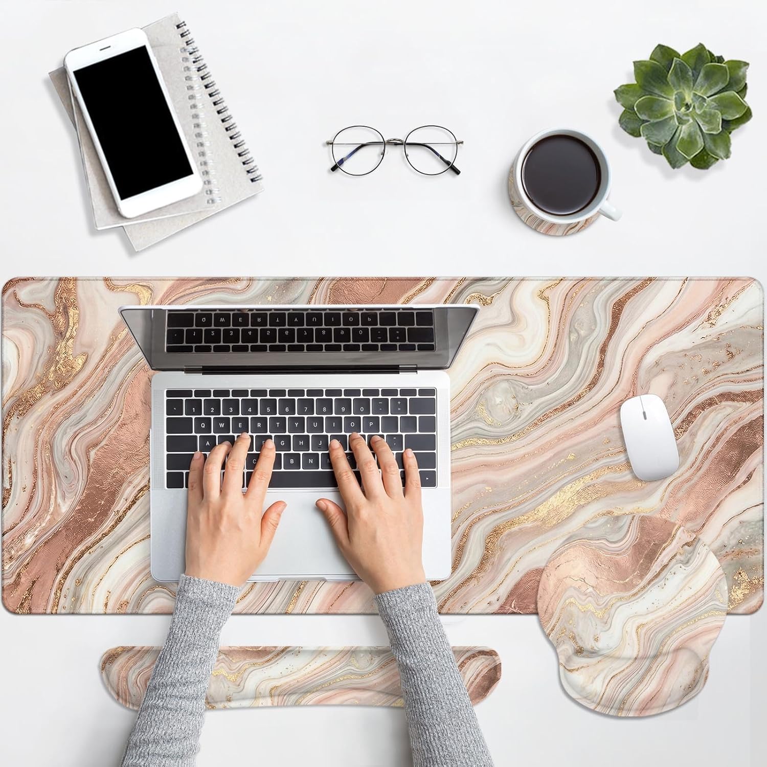 Britimes Marble Gold Pink Keyboard Mouse Pad Set Abstract Glitter 4in1 Large Mousepad+Keyboard Wrist Rest+Mouse Wrist Rest+Coaster Ergonomic Design for Home Office Computer 35.4x15.7 inches