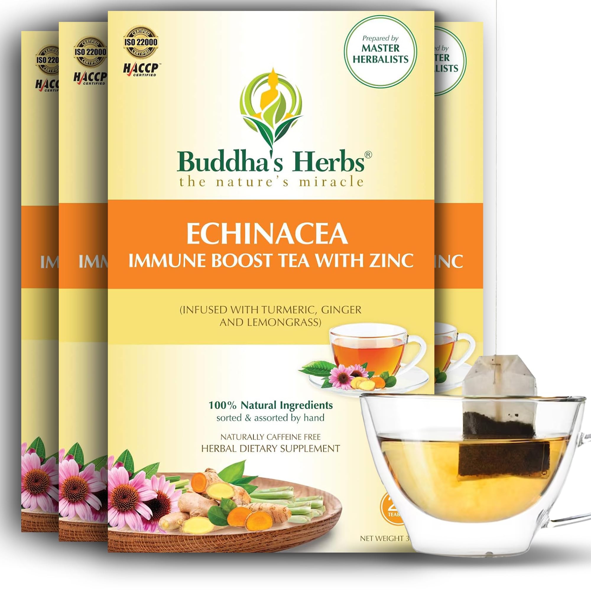 Buddha's Herbs Premium Echinacea Tea with Zinc, Infused with Turmeric, Ginger and Lemongrass, No Caffeine Dietary Supplement, Immune Support, Pack of 4, 88 Tea Bags