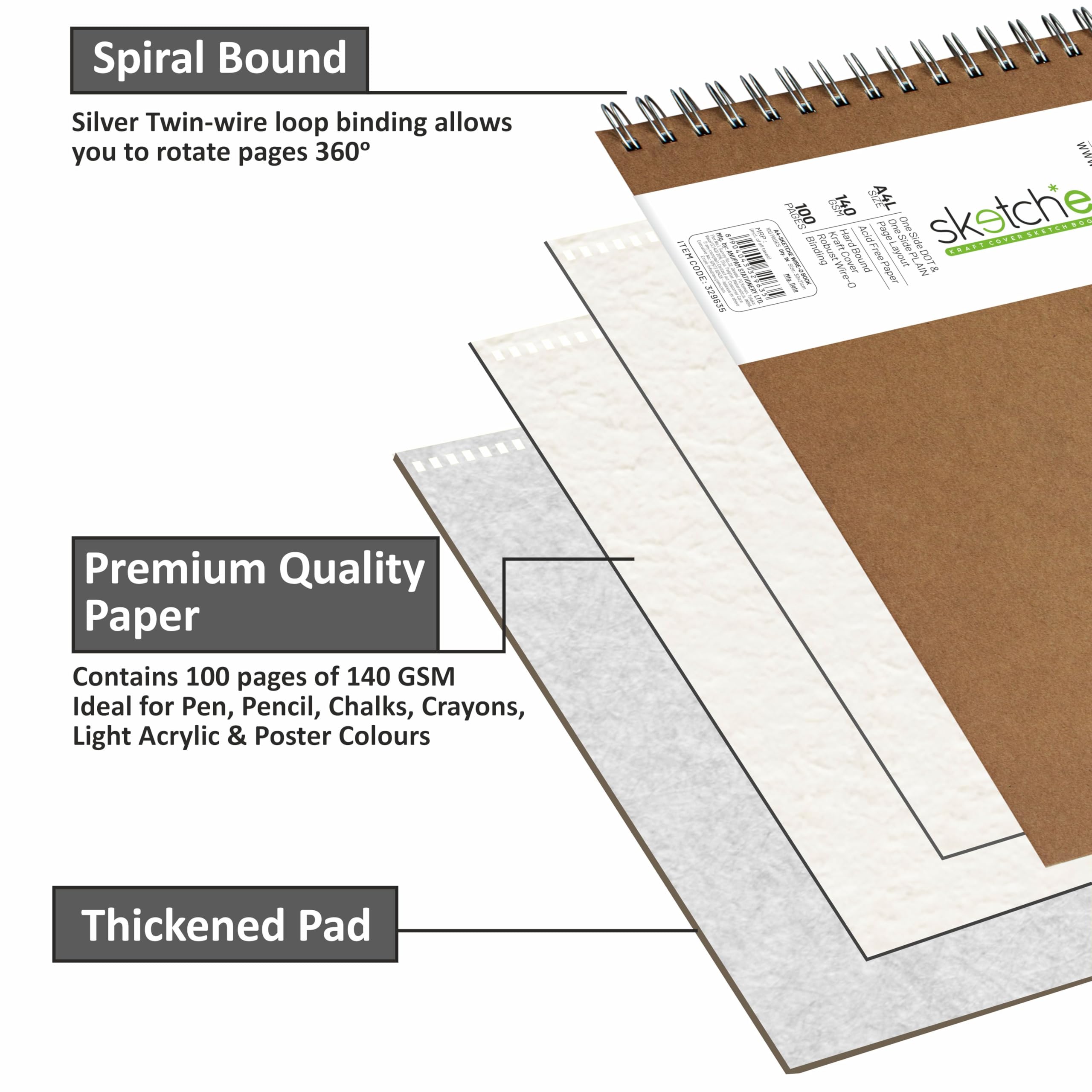 anupam SKETCHE - Blocco da disegno, formato quadrato, con rilegatura a spirale, per artisti, studenti, schizzi, 100 fogli, 140 g/m², confezione da 2, bianco