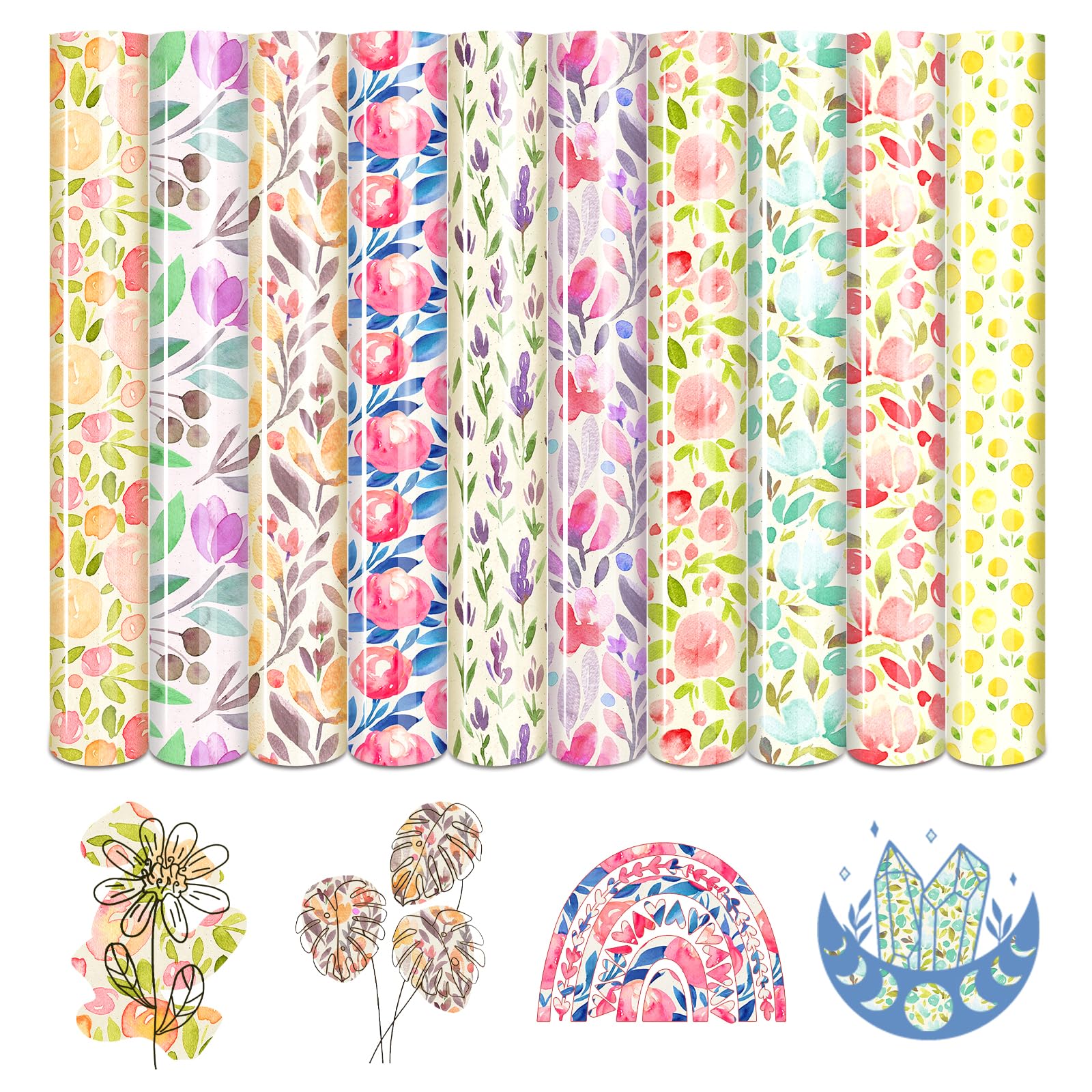 HTVSTD Tulip Flower HTV Vinyl -10 Sheets 12'' x 10''Watercolor Floral Heat Transfer Vinyl Pastel HTV Iron on Vinyl for Fabrics Patterned