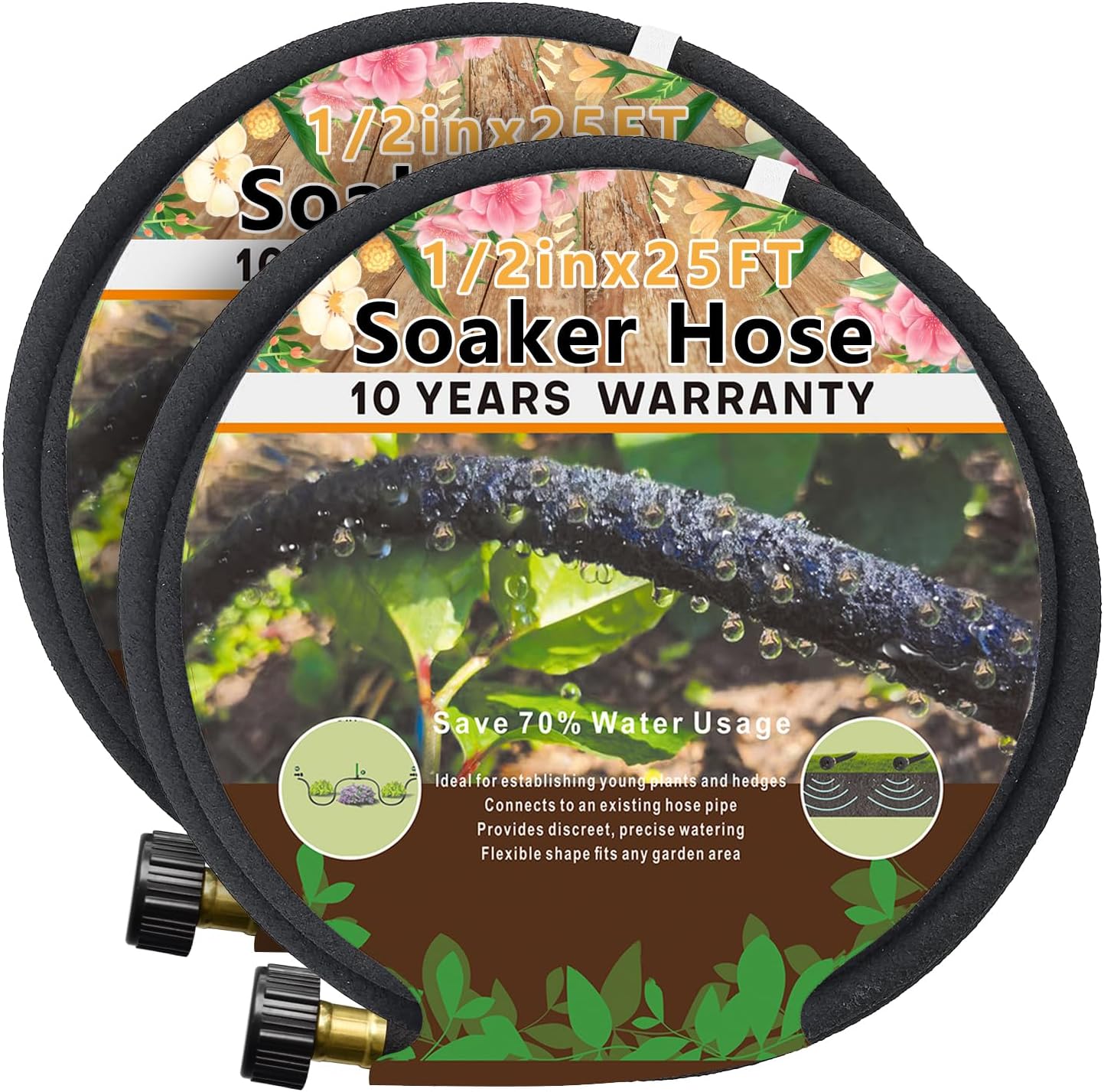 1/2’’ Soaker Hose 50 ft for Garden Beds Soaker Hoses 25Ft 2 Pack, Round
