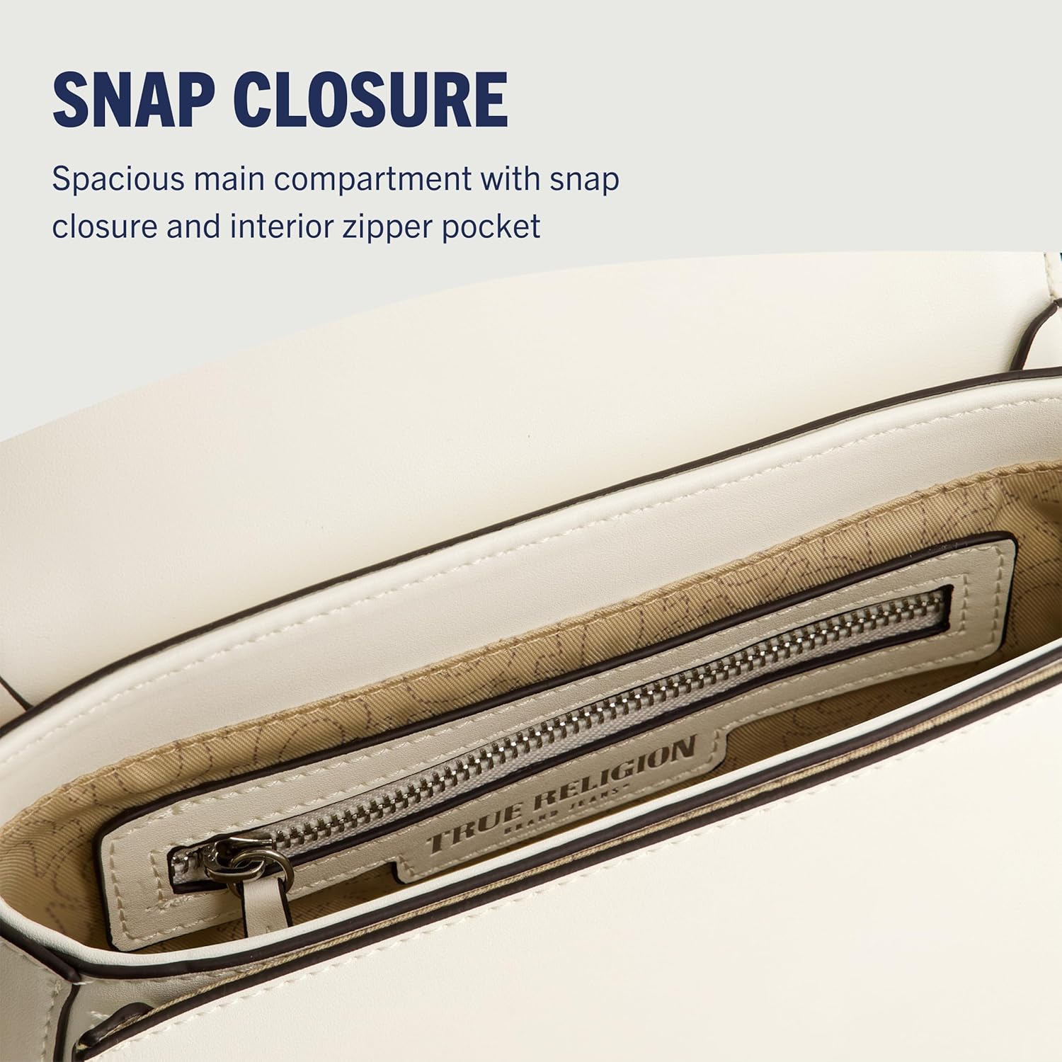 True Religion Shoulder Bag, Women's Faux Leather Crossbody Purse with Adjustable Shoulder Strap, White, One Size