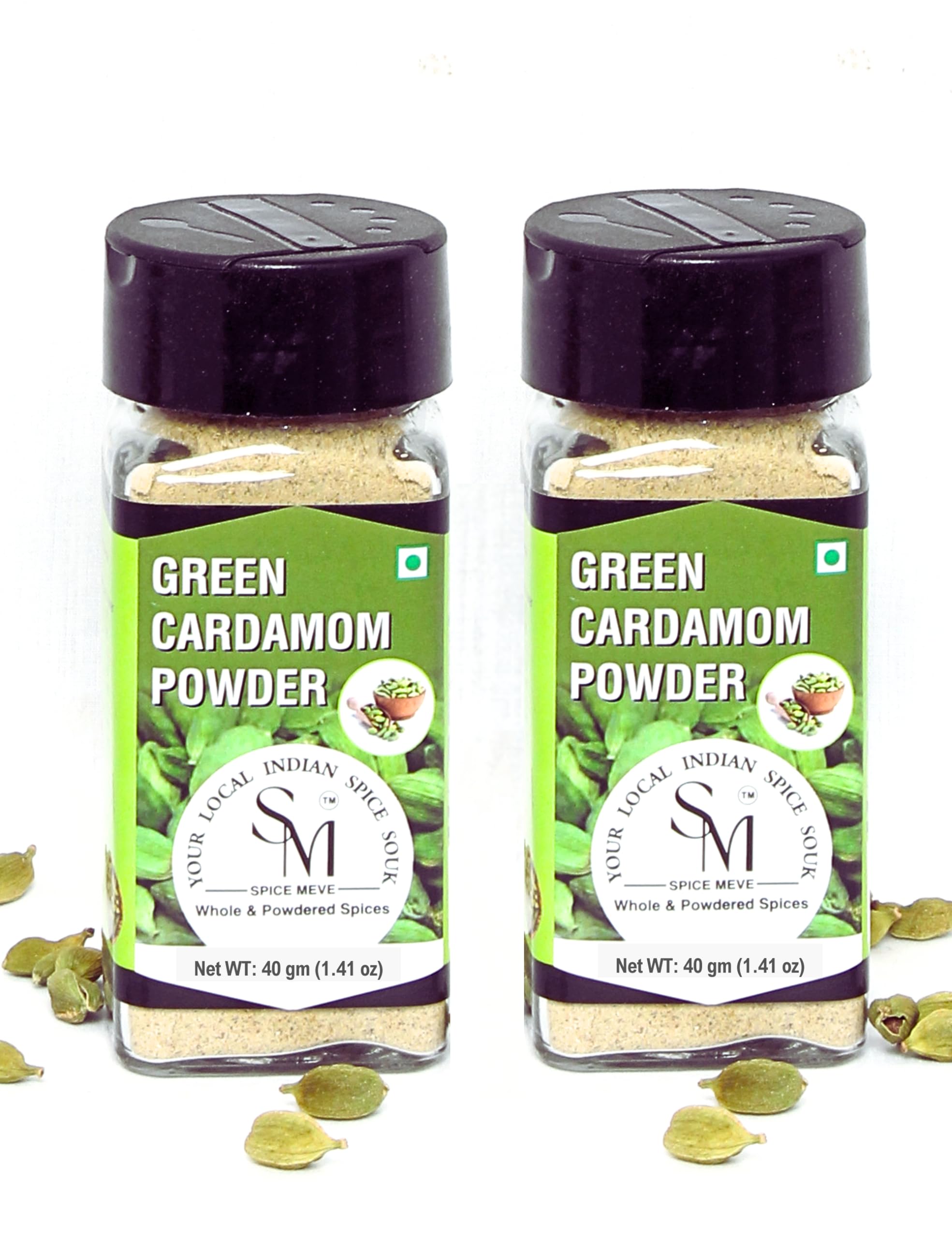 Spice Meve Green Cardamom Powder | Pure Elaichi Powder | Exotic Spices| Eco-Friendly Glass Jar Container (40 * 2-80Gm)