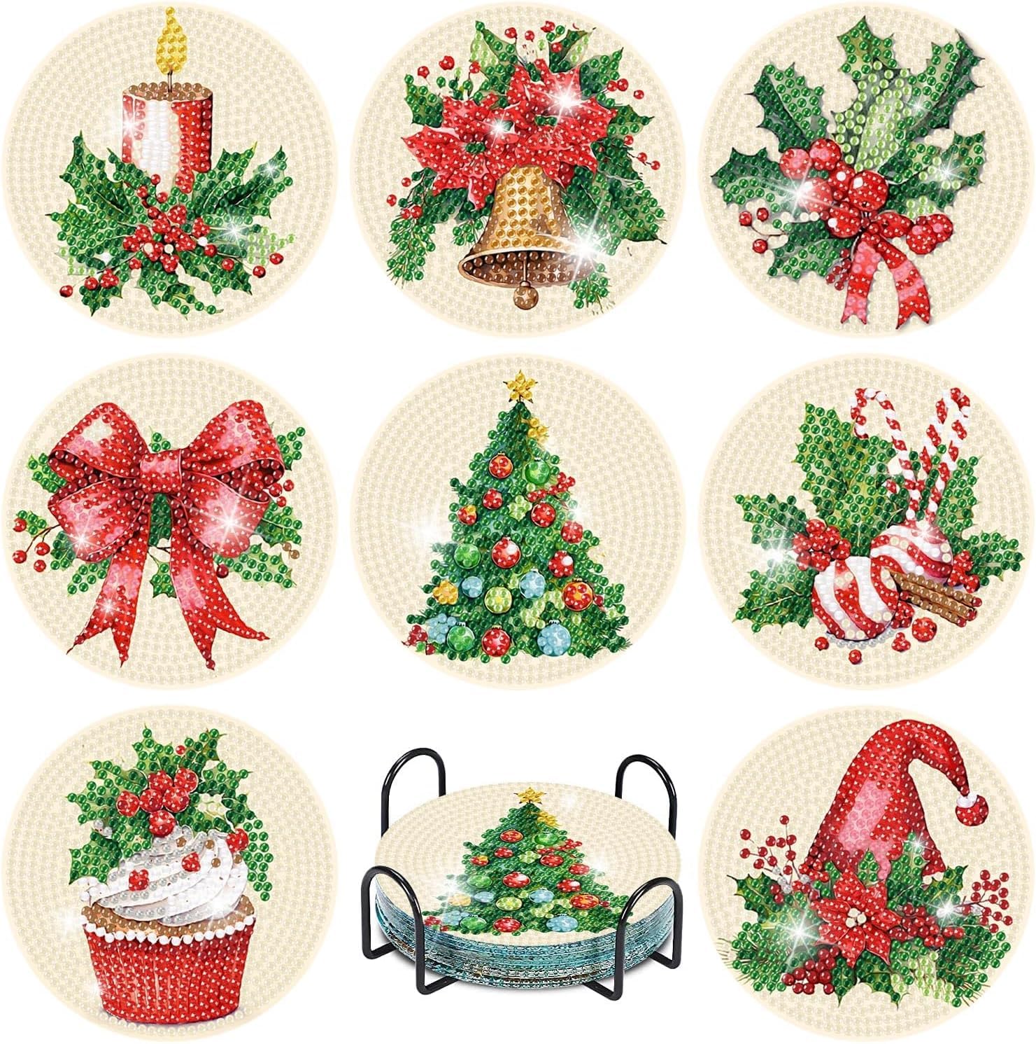 8 Pcs Christmas Diamond Art Coasters Kits with Holder, Chirstmas Bell Candy Candle Diamond Pinting Coasters Acrylic Cup Coaster with Cork Pads for Tabletop Protection Gift 10×10 CM — image 1